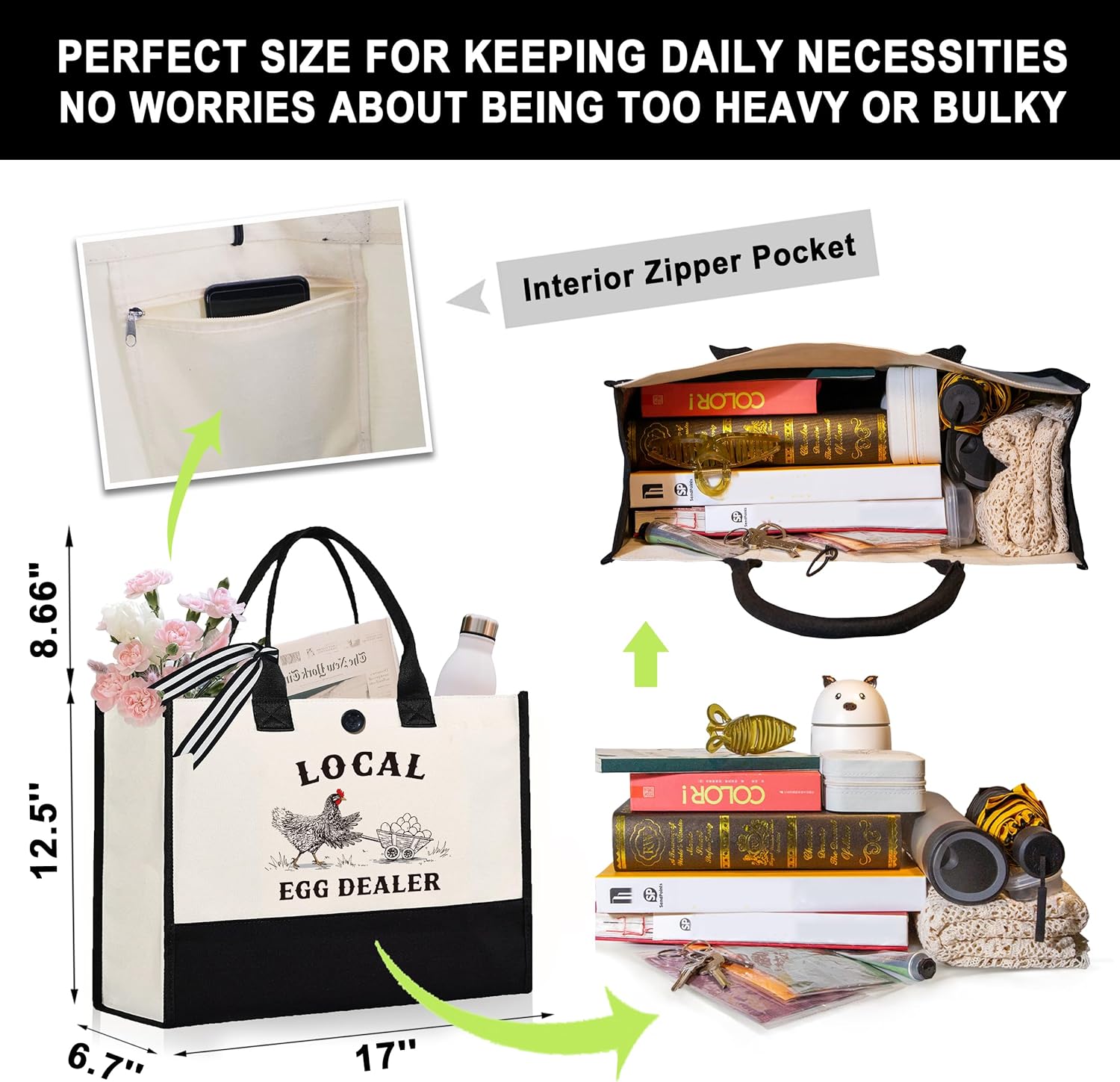Craftique Chicken Gifts for Women-Funny Local Eggs Dealer Tote Bag Unique- Chicken Gifts for Chickens Lovers Lady Friend Mom Sister, Cute Chickens Themed Gift for Birthday 17” x 6.7” x 12.5” - Image 3