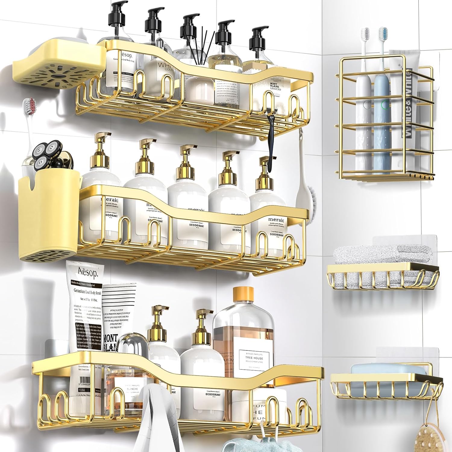 NESOMI Shower Caddy Adhesive Shower Organizer 8-Pack, Rustproof Stainless Steel Bathroom Shelves, Large Capacity No-Drill Rack Storage Accessories with Soap Dish Toothbrush Holder Hooks