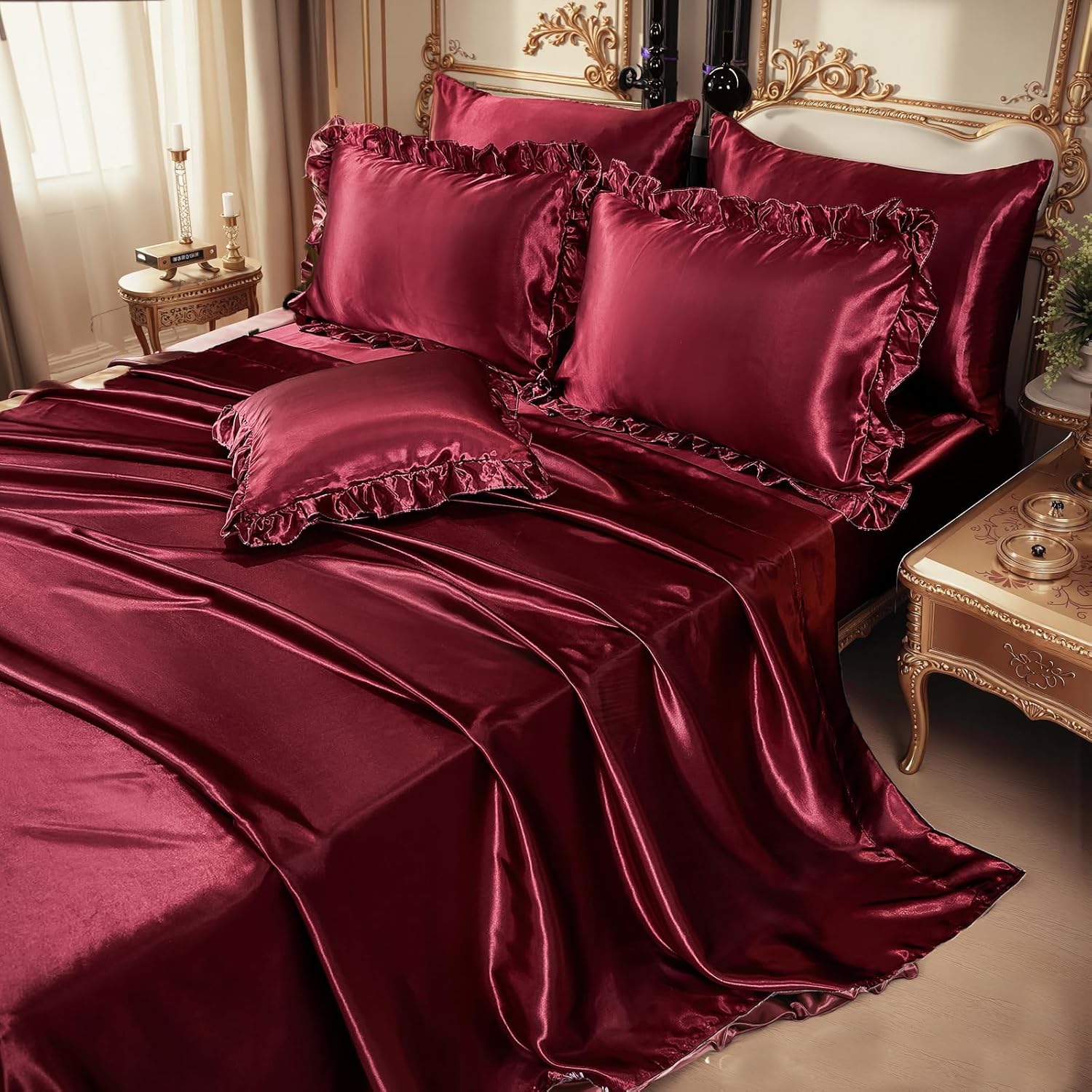 Silk Like Satin Comforter Set with Sheet Set King 8 Pcs Burgundy Satin Bedding Set Silky Ruffle Pattern Home Deocr Luxury Hotel Silky Bed in a Bag with 1 Cushion Cover