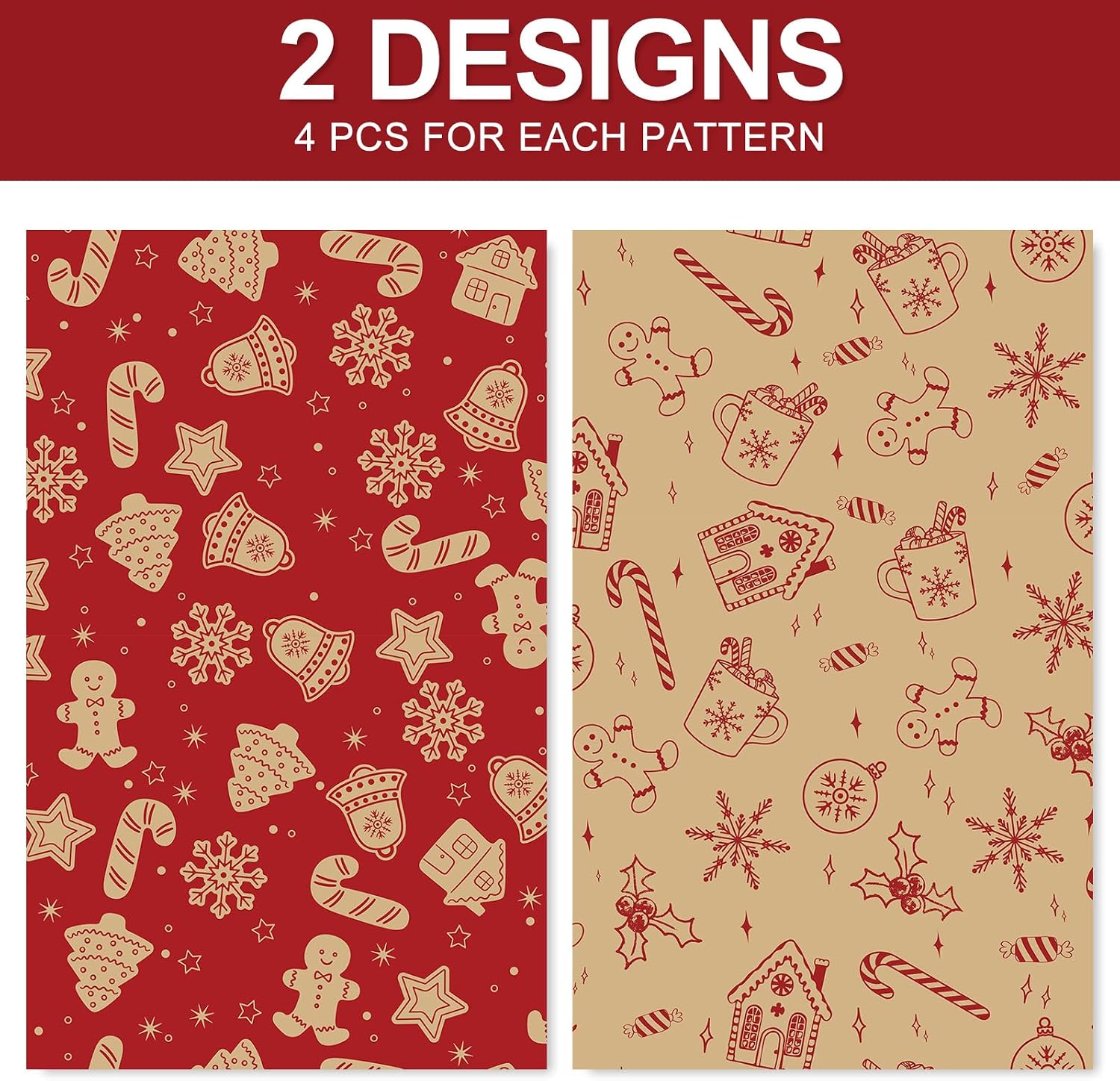 Whaline 8 Sheet Christmas Wrapping Paper -Not Roll- Folded Flat Kraft Brown Red Gingerbread Candy Snowflake Gift Wrap Paper for Xmas Winter DIY Craft Wrapping Supplies image 3