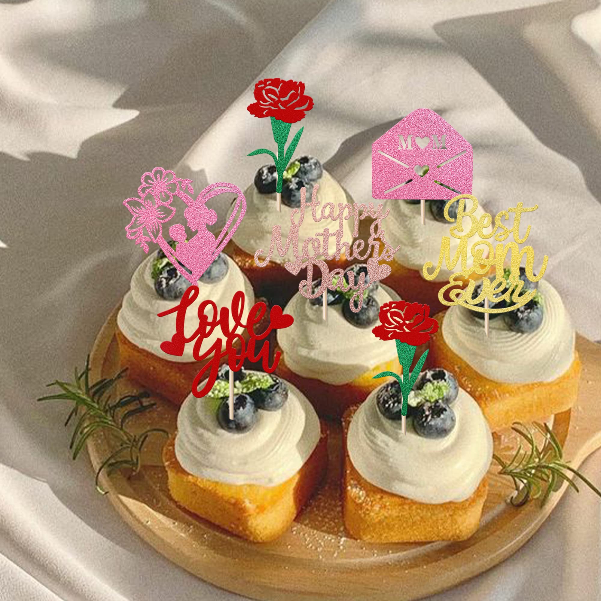 24 Stück Cupcake-Topper Für Muttertag – Glitzernde Rosen, „Love You Mom“, In Rot, Für Kuchen & Deko