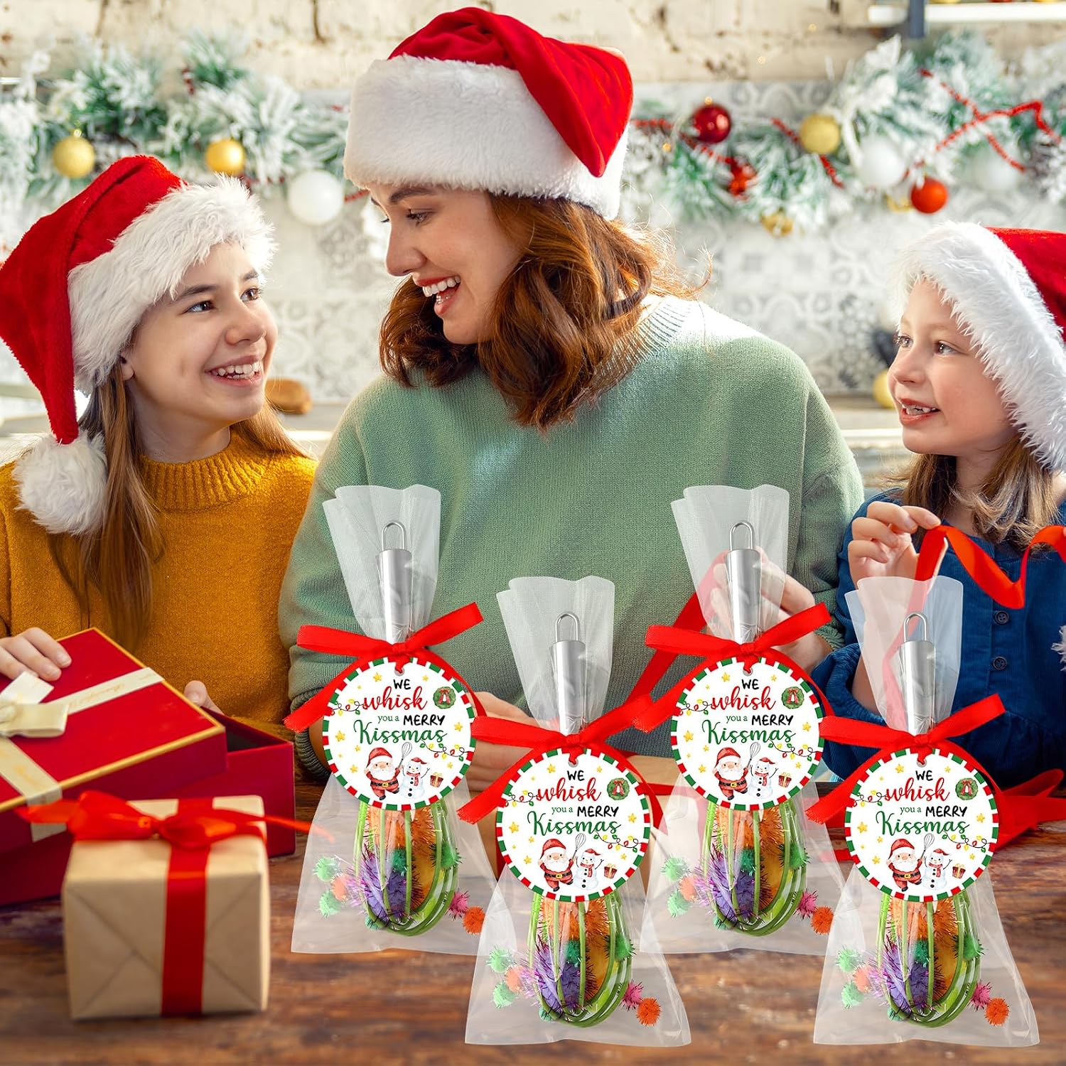 12 Sets Christmas Whisk Gifts Sets Xmas 304 Stainless Steel Whisk Merry Kissmas Greeting Cards Ribbons for Xmas Neighbor Family Friends Baking Cooking Enthusiast Supplies Green Ideas Gifts