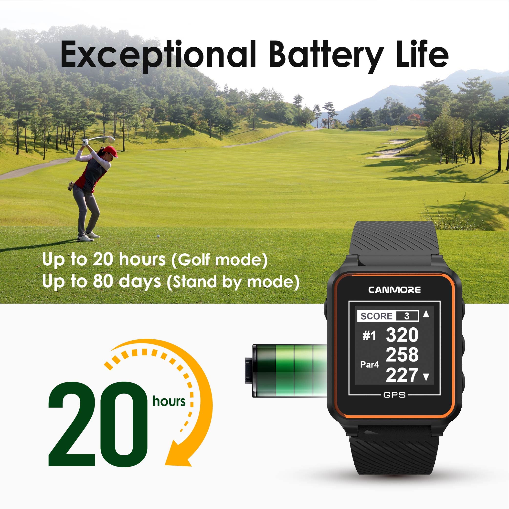 CANMORE TW356 Orologio GPS da golf per uomo e donna, aggiornamento gratuito di oltre 41.000 campi precaricati in tutto il mondo, display LCD ad alto contrasto, chip IC di aggiornamento, Arancia