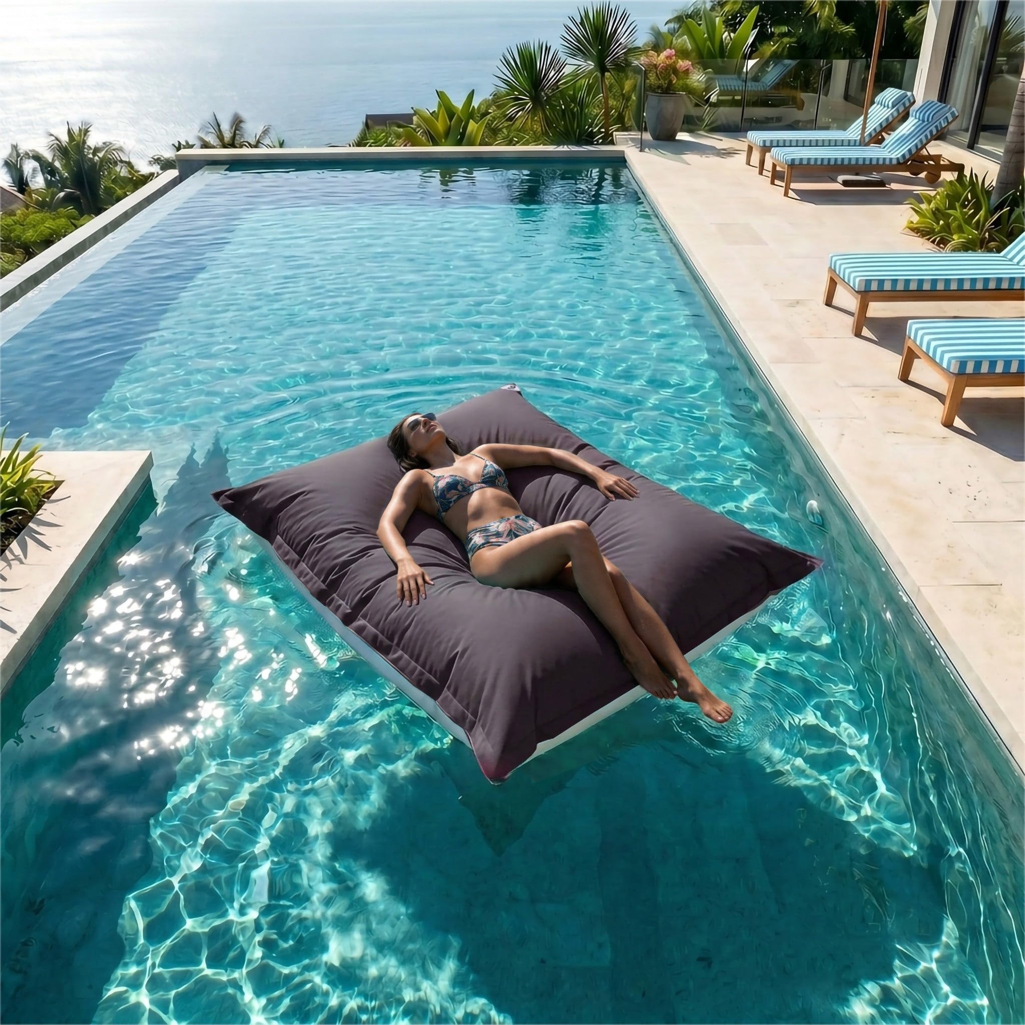 Pouf da Esterno Gigante XXL 180x140cm Imbottito (Non Gonfiabile) Galleggiante Piscina - Pouf Giardino Impermeabile Sfoderabile - Riempimento 450L Palline Polistirolo - Grigio Carbone