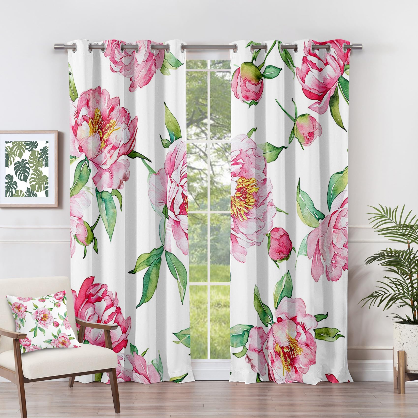 Floral Curtains for Bedroom Eyelet - Floral Curtains - Pink Peony Flower Spring Blackout Curtains 90 x 90 Inch (Width x Drop) 2 Panels, Botanical Eyelet Curtains & Drapes