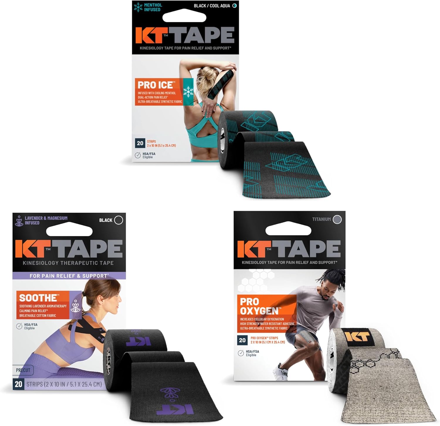 KT Tape - Infused Bundle - 20 Count Pro Ice, Pro Oxygen, Soothe Tape, 10" Strips