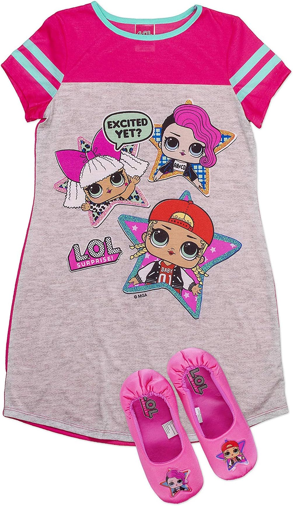 L.O.L Surprise! Pajama Set, Dorm PJs with Slippers,Rocker Diva and MC Swag,Pink, Girls 6/6x