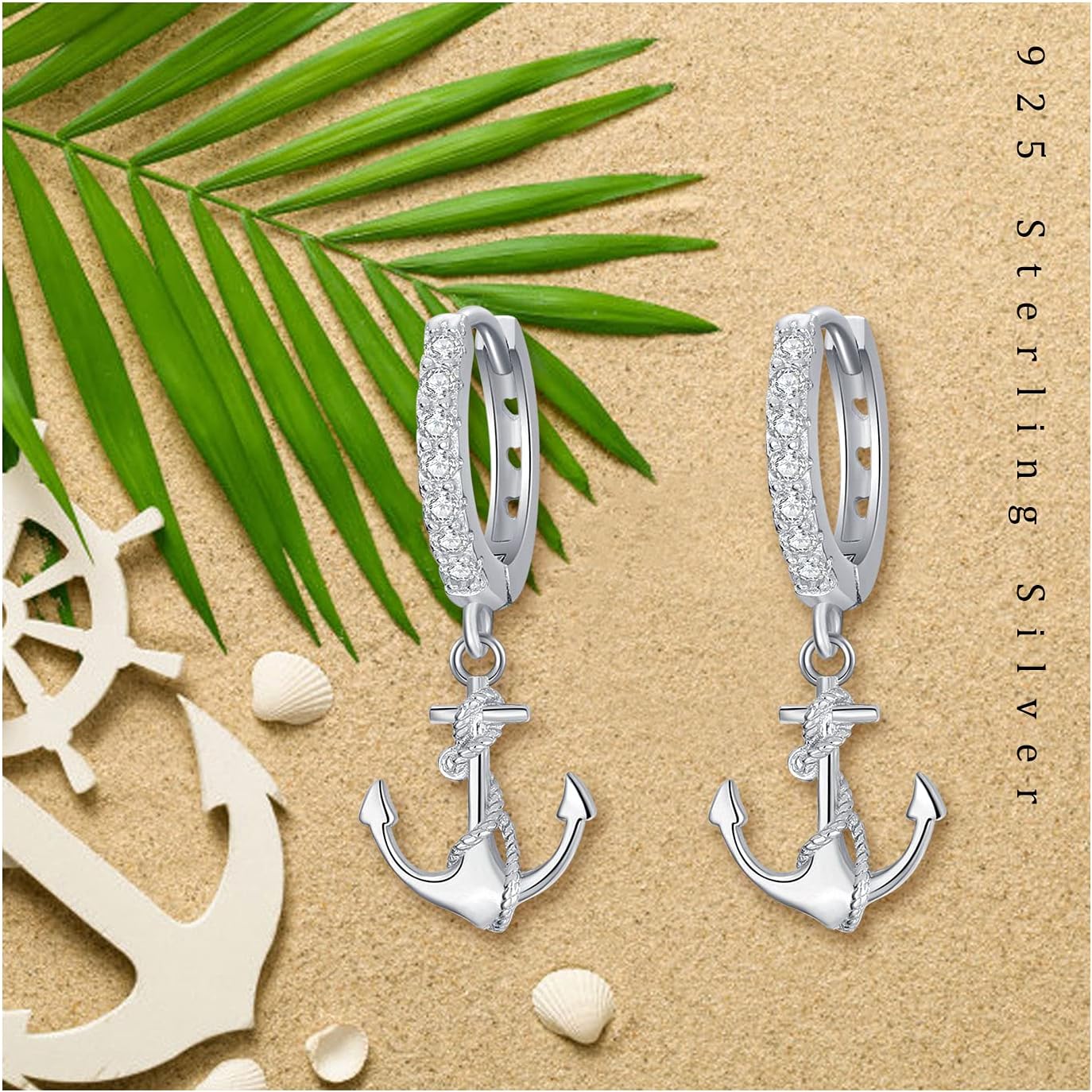 CUOKA MIRACLE Anchor Earrings for Women， 925 Sterling Silver Nautical Anchor Dangle Hoop Small Minimalist Hypoallergenic Earring for Wife Mom Summer Jewelry Gift Birthday Christmas