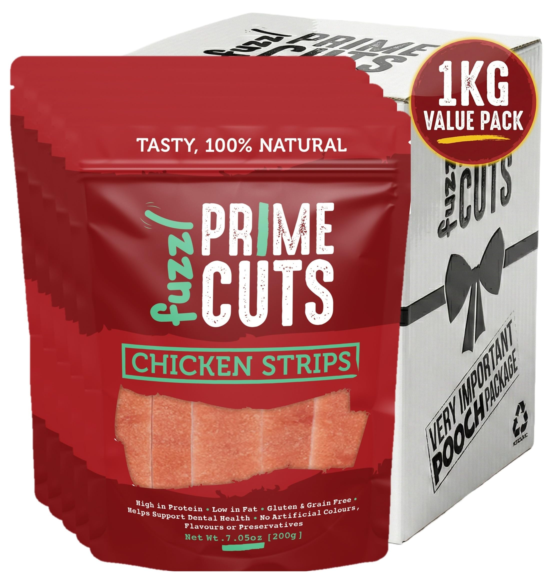 Fuzzl Prime Cuts 100% Natural Chicken Strips 1kg Value Pack – High Protein Dog Treats, Low Fat, Gluten & Grain Free, Supports Dental Health, No Artificial Colours Flavours Preservatives – 5x200g