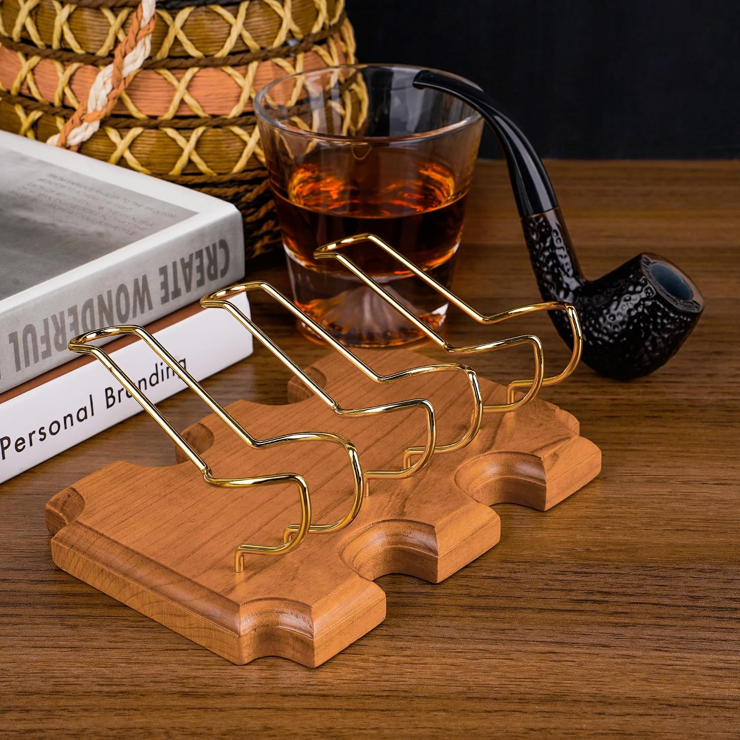Wooden Tobacco Pipe Stand Holder with 3 Display Metal Slots, Family Home Pipe Accessories for Tobacco