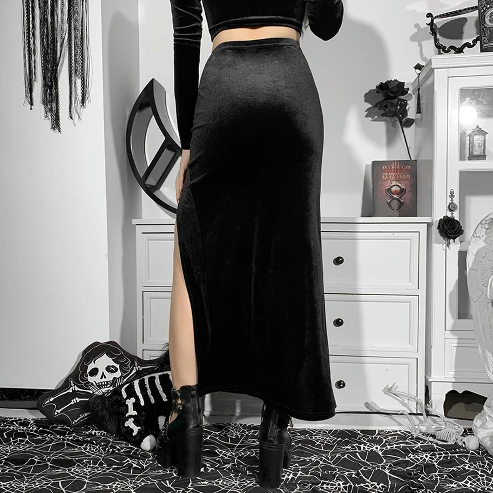 Faldas divididas Estética Cintura Alta Falda Larga Elegante E Girl Punk Ropa de Fiesta Ropa-Negro-S