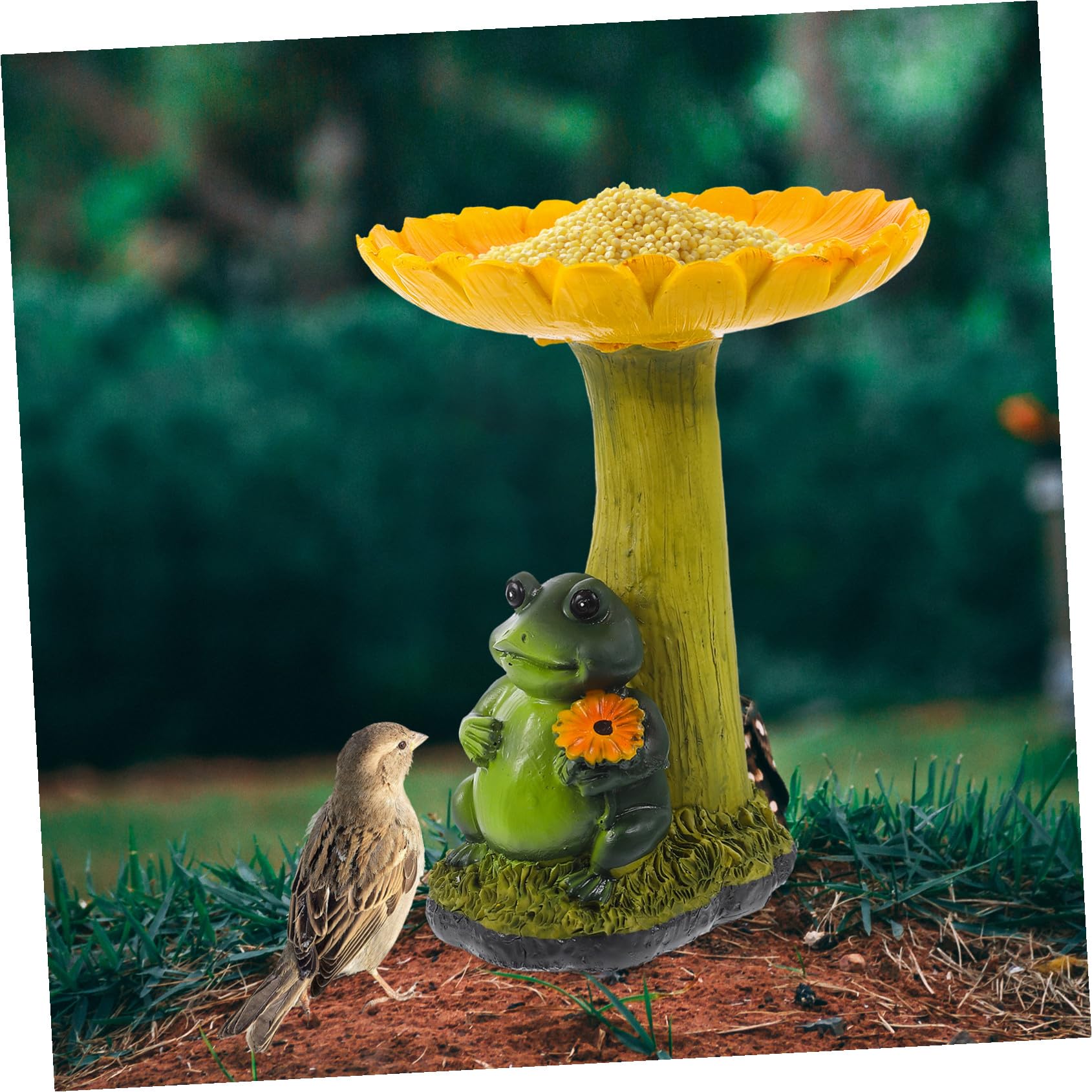 Comedero para Pájaros de Resina Diseño de Rana y Girasol para Jardín Exterior, Baño para Pájaros Decorativo, Resistente y Fácil de Limpiar, Accesorio de Jardín Funcional