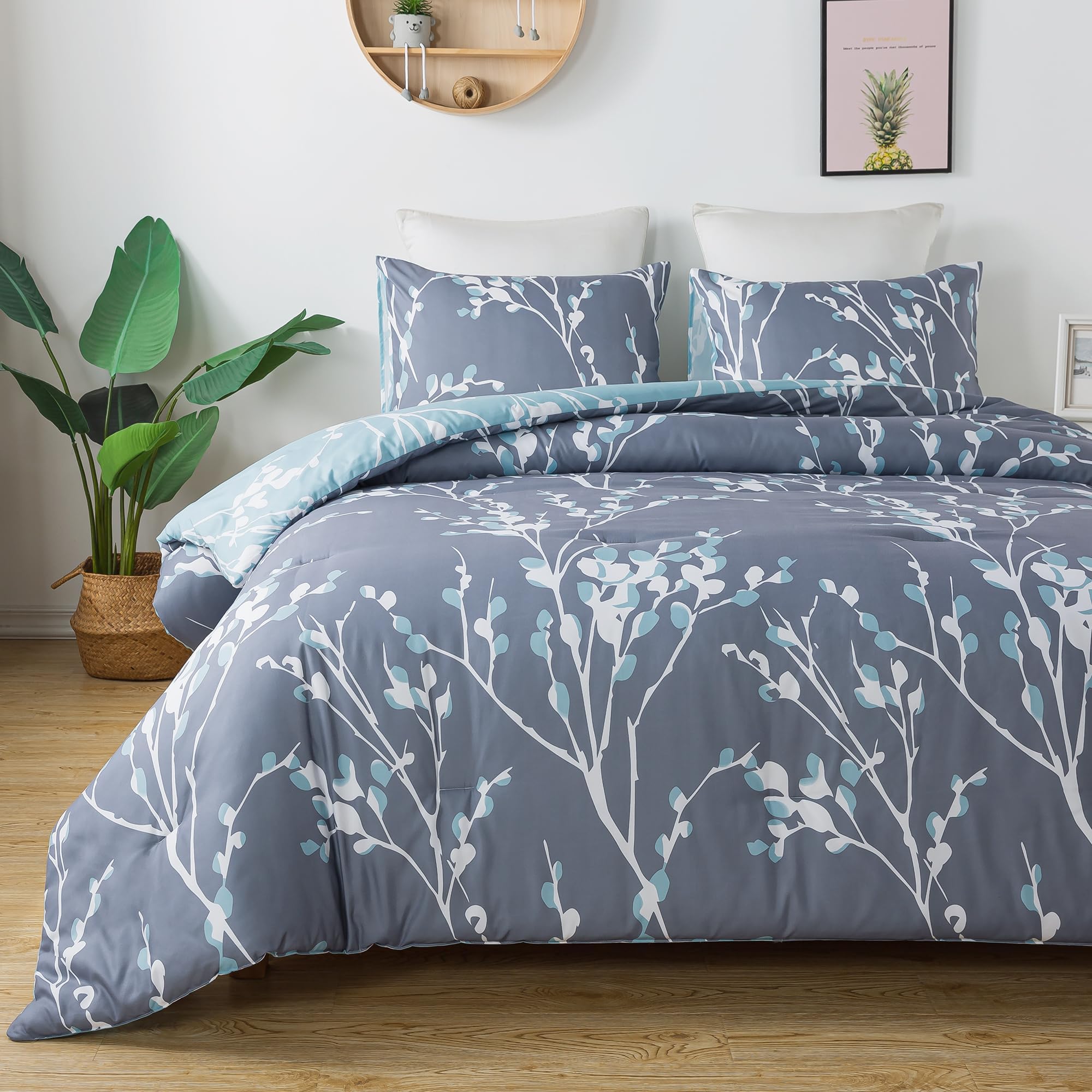 Andency Twin Comforter Set Grey Blue (66x90 Inch) - 2 Pieces Soft Lightweight Microfiber Branches Comforter Bedding Set, Reversible Flower Plum Blossom Bed Set
