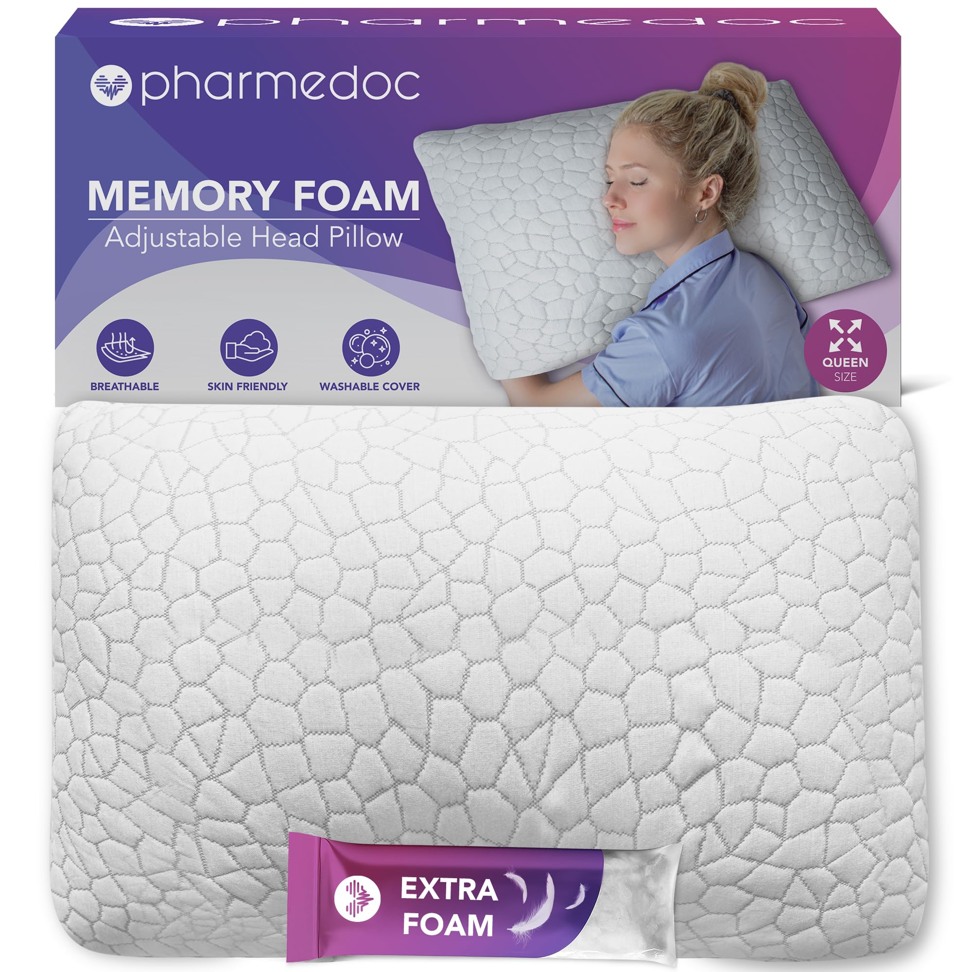 Pharmedoc Adjustable Shredded Memory Foam Bed Pillow - Perfect for Side Sleeper - Rectangular - Neck Support for Pain Relief - Queen Size - Extra Filling Pack