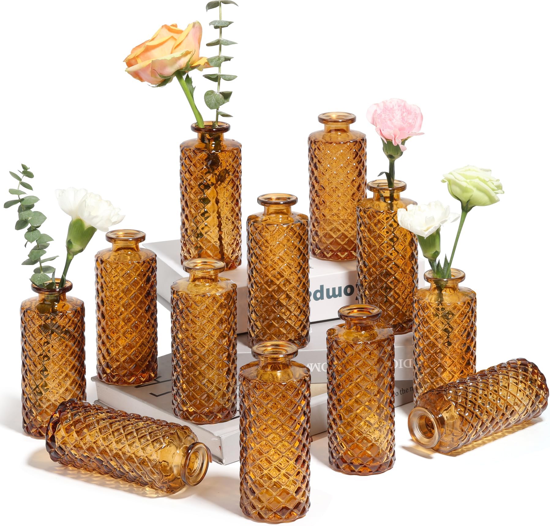 ComSaf Rhombus Amber Glass Bud Vases Set of 12
