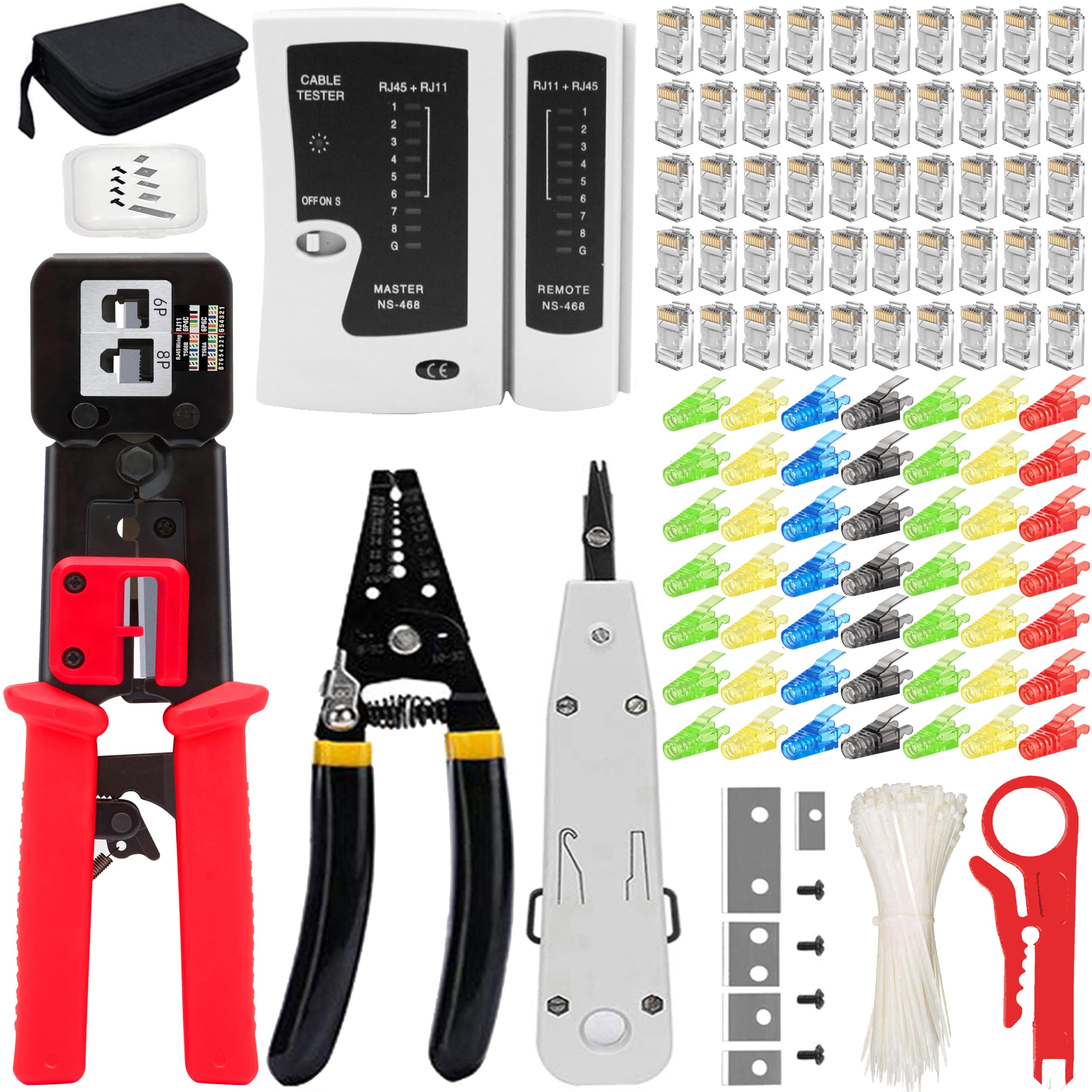 MAYLINE Crimpadora CAT5 Cat5e CAT6 LAN, probador de cables RJ45, herramienta de crimpado de red, kit de reparación de pelado de cables Ethernet y herramienta de reparación RJ45, 50 conectores (gris)