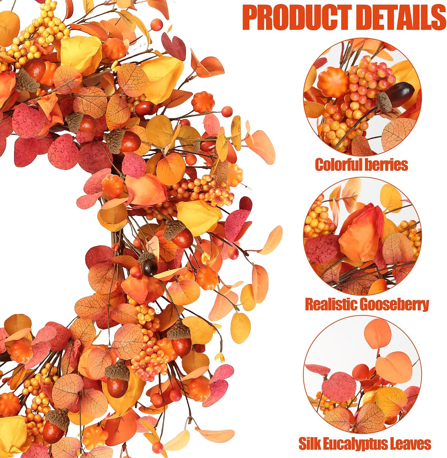 Sggvecsy Artificial Fall Wreath 20’’ Autumn Front Door Wreath with Eucalyptus Leaves Berries Small Pumpkins Lantern Fruit for Outside Indoor Wall Window Festival Thanksgiving Autumn Harvest Decor