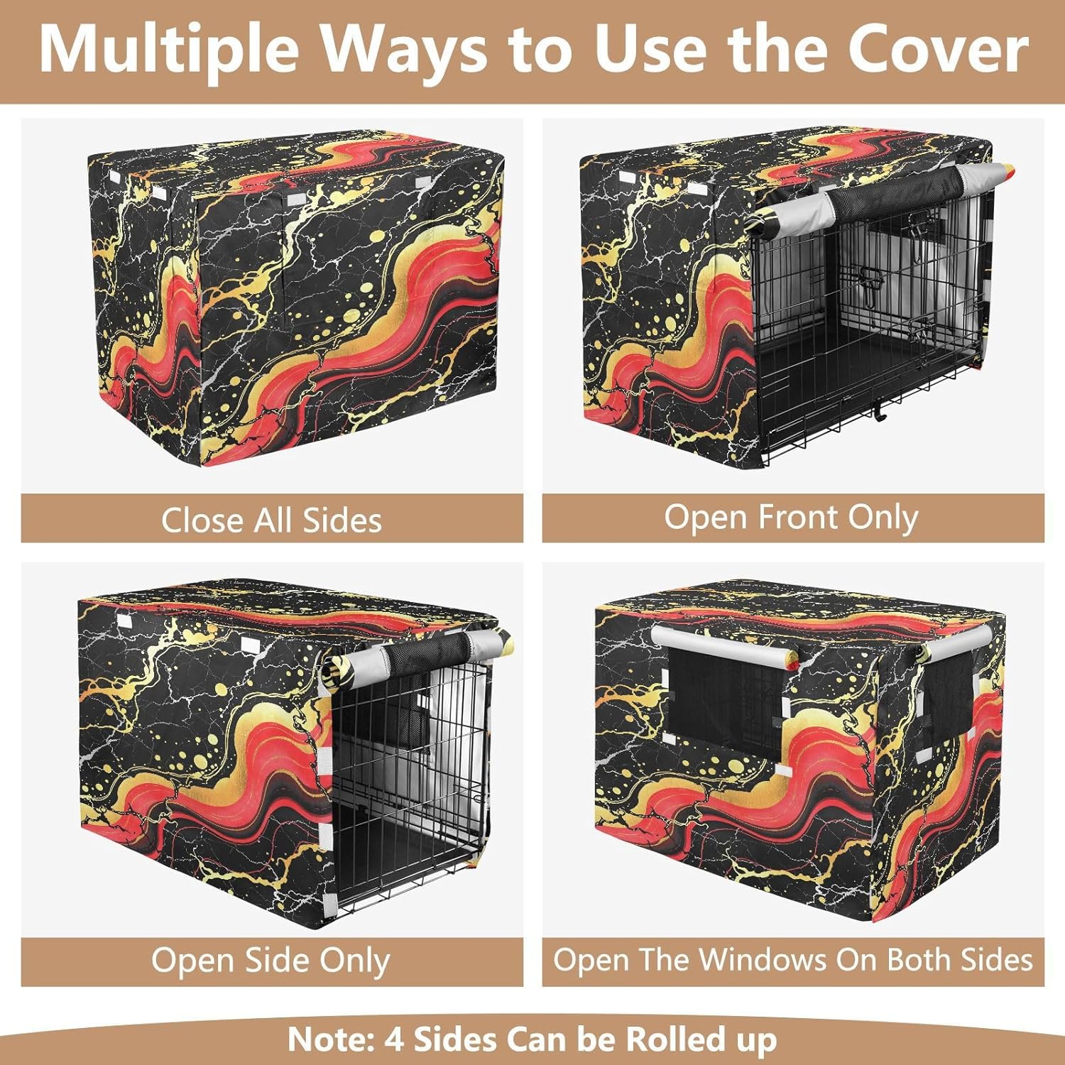 Abstract Black Marbled Pattern Dog Crate Cover 600D Oxford Pet Kennel Cover with Mesh Window for Dog Cages, Windproof Waterproof Machine Washable, 42"x28"x30"