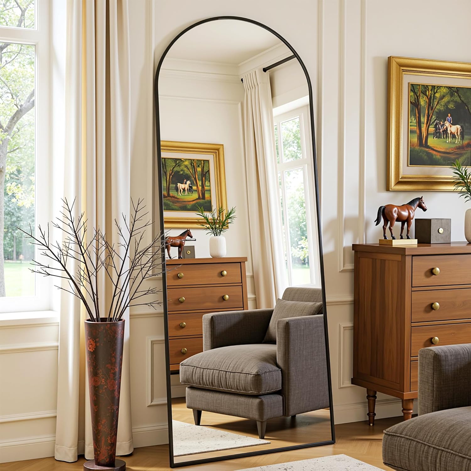 Full Length Mirror, 59"x18" Arched Full Body Mirror, Floor Mirrors with Stand, Body Mirrors Standing Hanging Leaning Against Wall,Aluminum Frame Mirrors for Bedroom Cloakroom,Living Room,Black 59"L x 18"W Black