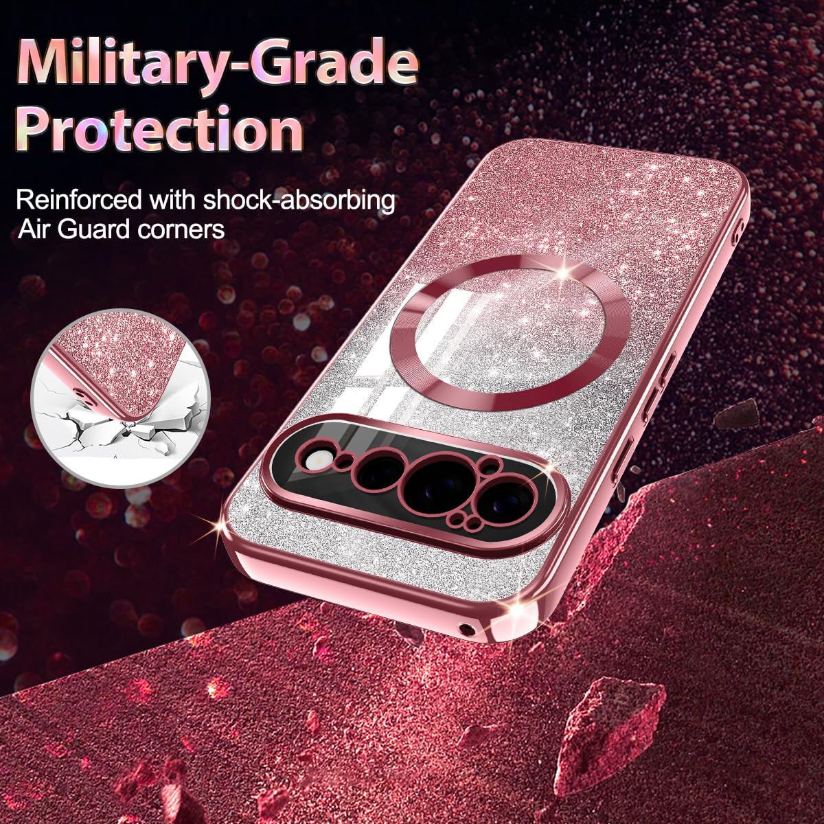 Casetego for Google Pixel 11 Pro XL Case,Compatible with MagSafe,Glitter Sparkle Magnetic Plated Slim Shockproof Soft TPU Bumper Full Protection Case for Google Pixel 11 Pro XL,Rose Gold image 4