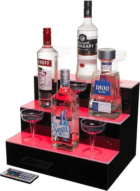 Amazon Co Jp J B Goods Ledライト付き酒瓶ディスプレイ 照明付きボトルシェルフ 3段 ホームバーボトルシェルフ 16インチ 3ステップドリンク 照明棚 リモコン付き ホーム キッチン