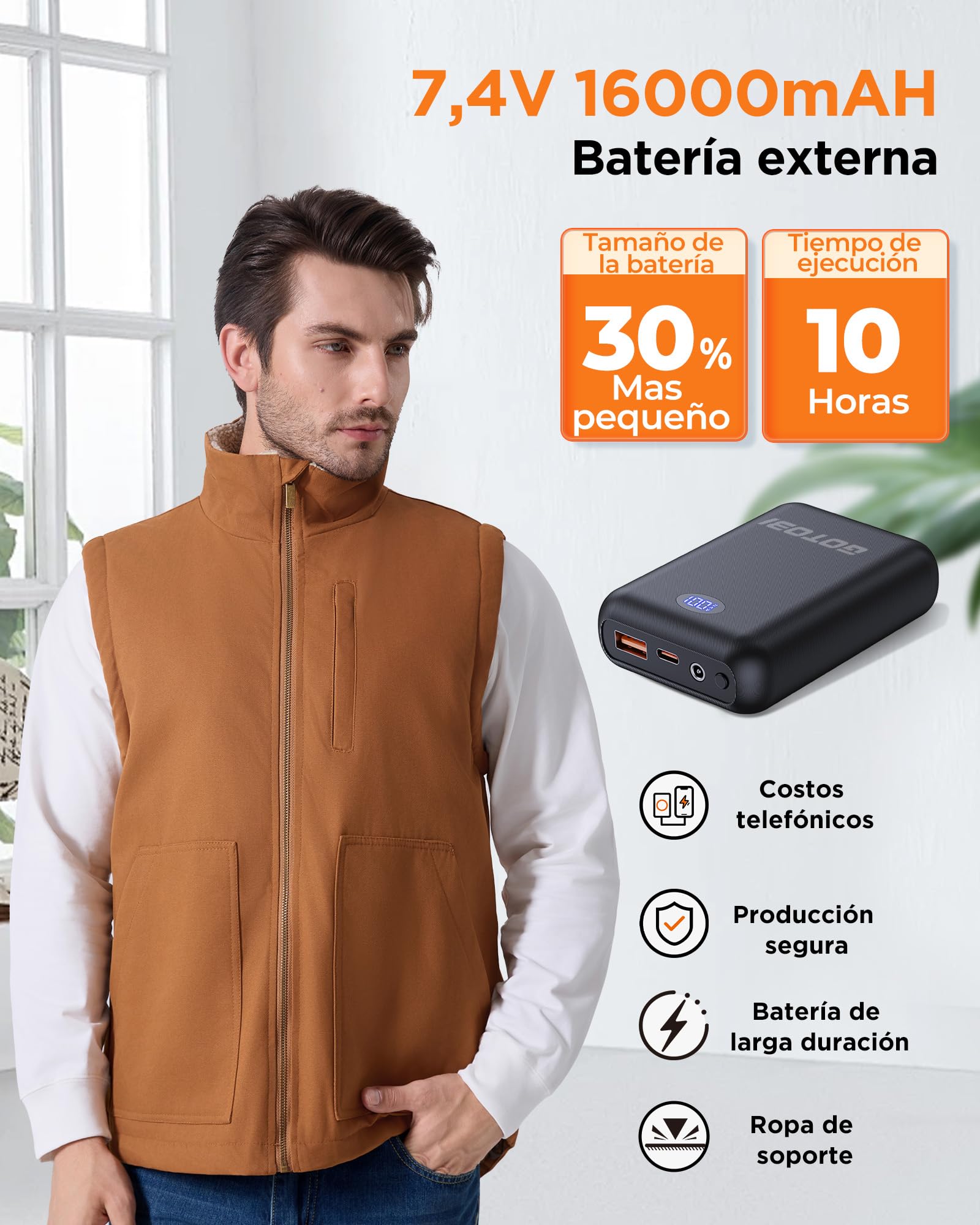 Chaleco Calefactable Hombre con Bateria de 16000mAh 7,4V- Chaleco de Lona Hombre con 9 Zonas de Calefacción y 3 Temperaturas Ajustables, chaleco termico de invierno con forro de Polar,Caqui,XL