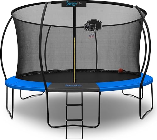 Miniatura 8 de SereneLife Trampolín para exteriores de 8 pies, 10 pies, 12 pies, 14 pies con red, escalera y revestimiento antioxidante, trampolines recreativos