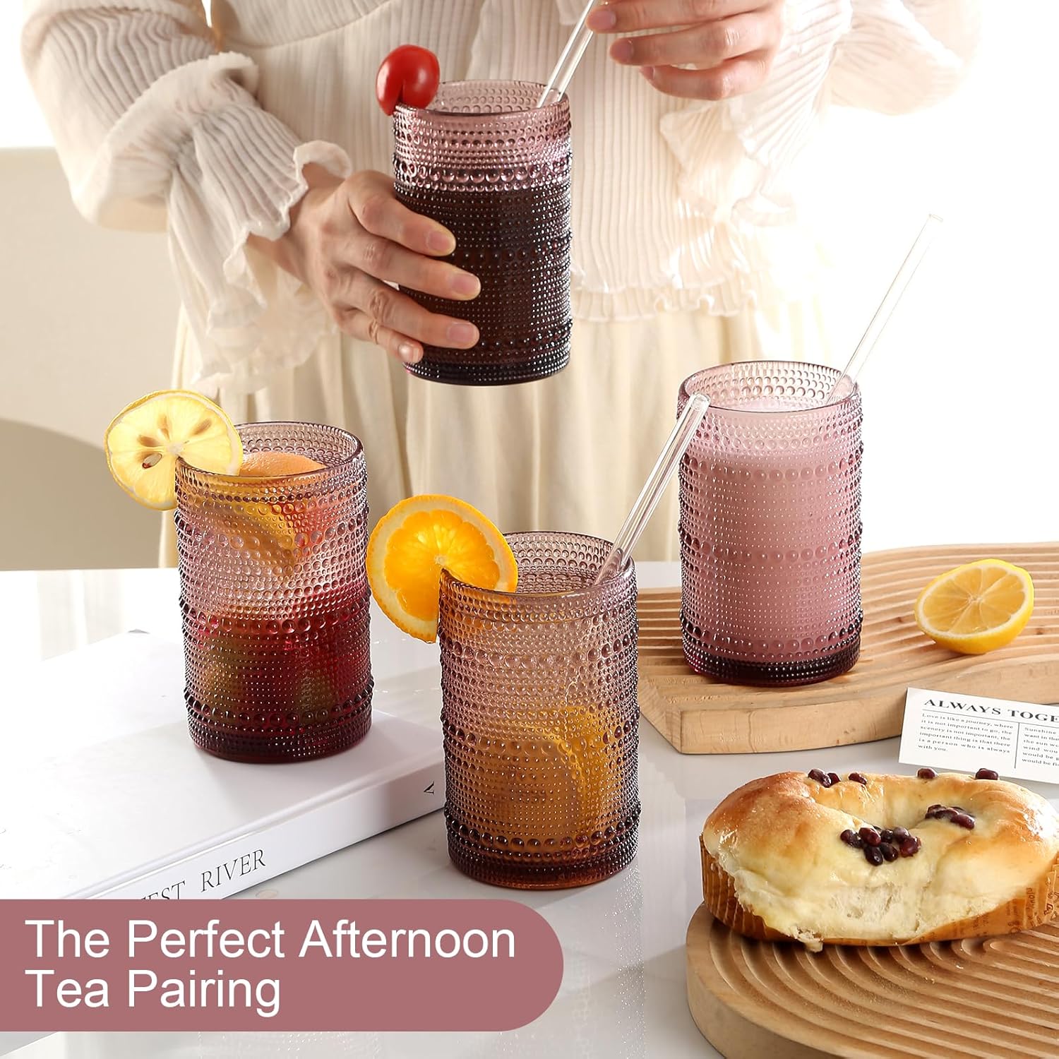 Vintage Hobnail Drinking Glasses Set of 8,Colored 12 oz & 15oz Highball Glass Cups, Kitchen Drinkware Glassware,Embossed Water Tumbler,for Beer,Cocktail,Whiskey,Juice and Various Mixed Drinks - Image 7