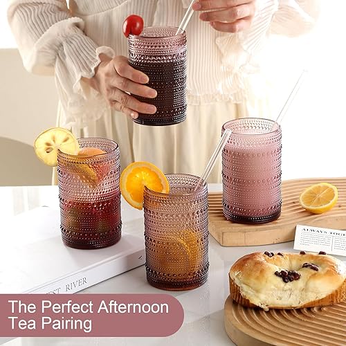 Miniatura 7 de Juego de 12 Vasos de Cristalería Vintage para Beber, Morado 12oz y 15oz Vasos de Vidrio Hobnail con Relieve, Vaso de Agua en Relieve, para Cerveza,