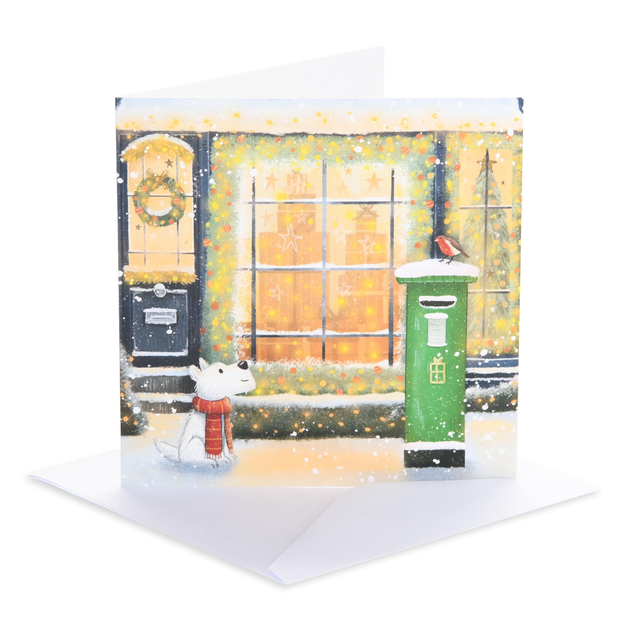 UK Greetings | Christmas Card for Him/Her/Friend | Xmas Presents | Her/Him | Irish Green Postbox - Dog | With Envelope | 15.9 x 15.9 cm
