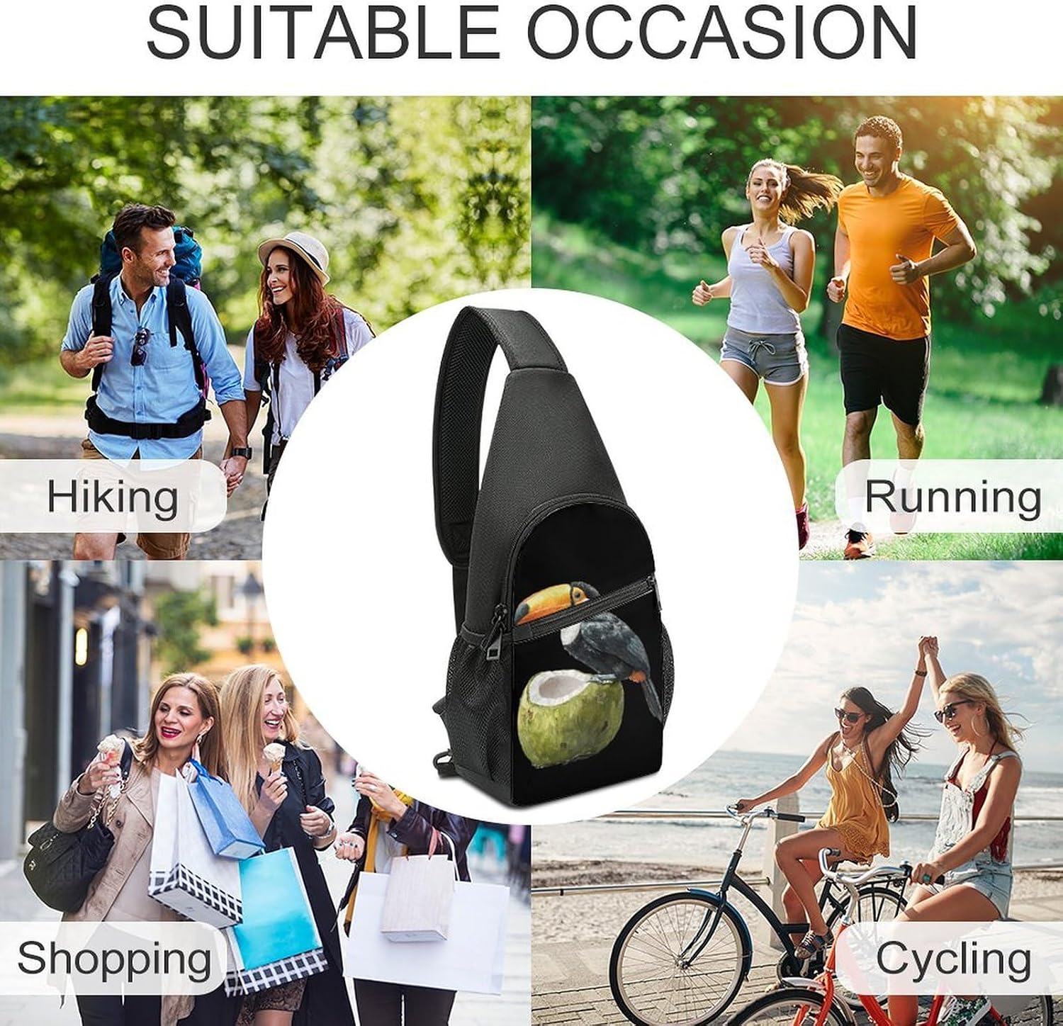 Toucan Bird Coconuts Crossbody Sling Backpack Chest Bag Daypack | unisex,trendy,with convertible and detachable shoulder strap,side pockets
