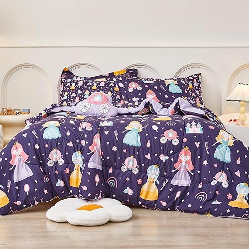 Mooreeke Juego de edredón de tamaño individual para niñas y niños, 6 piezas de cama en una bolsa, juego de sábanas de edredón de princesa castillo