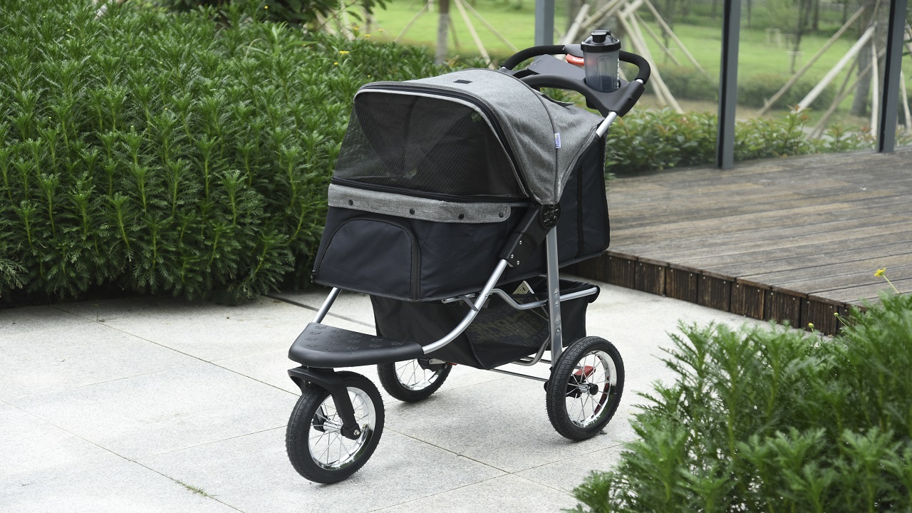 PawHut Luxury One-Click Folding Pet Stroller Dog/Cat Travel Carriage with Wheels Adjustable Canopy Zippered Mesh Window… - Image 8