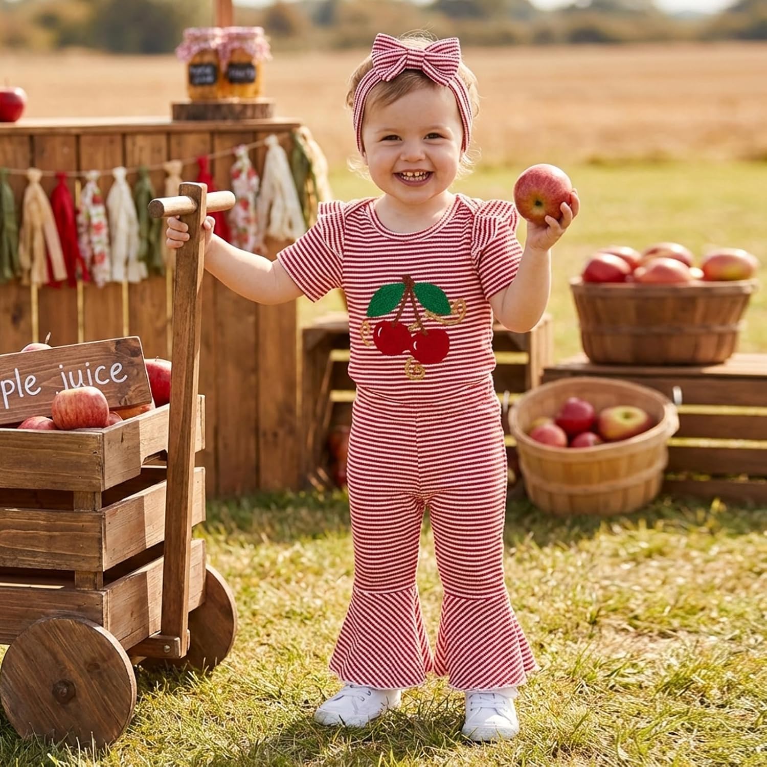 Newborn Girl Clothes Baby Bell Bottom Outfit Strawberry Grape Cherry Striped Waffle Knit Romper Flare Pants Set