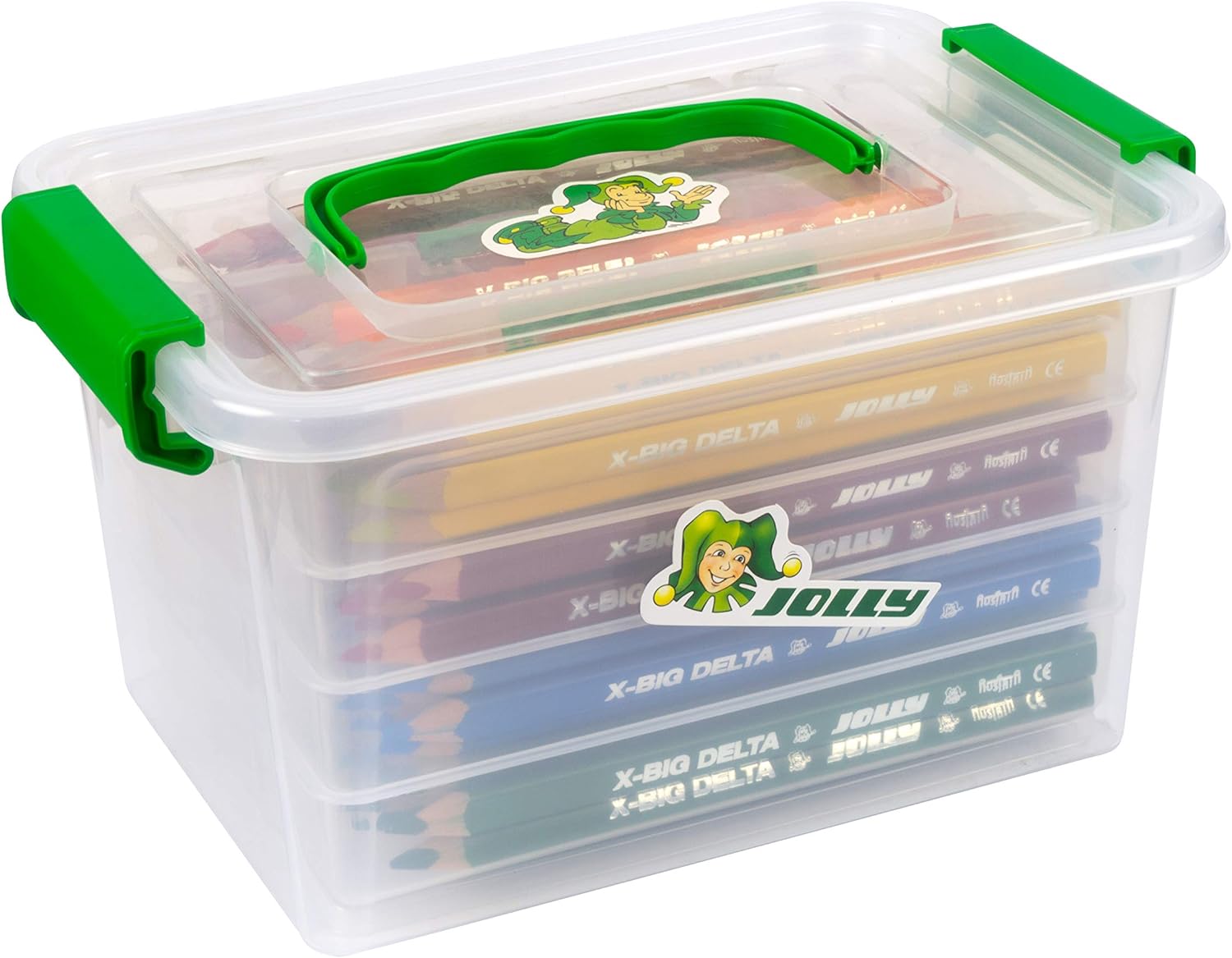 JOLLY X-Big-Delta Nursery Case, Triangular Colouring Pencils, 96 Colouring Pencils in 12 Colours, in Practical Helkelbox with Lid, Removable Pen Compartments, Shatterproof and Childproof Colouring