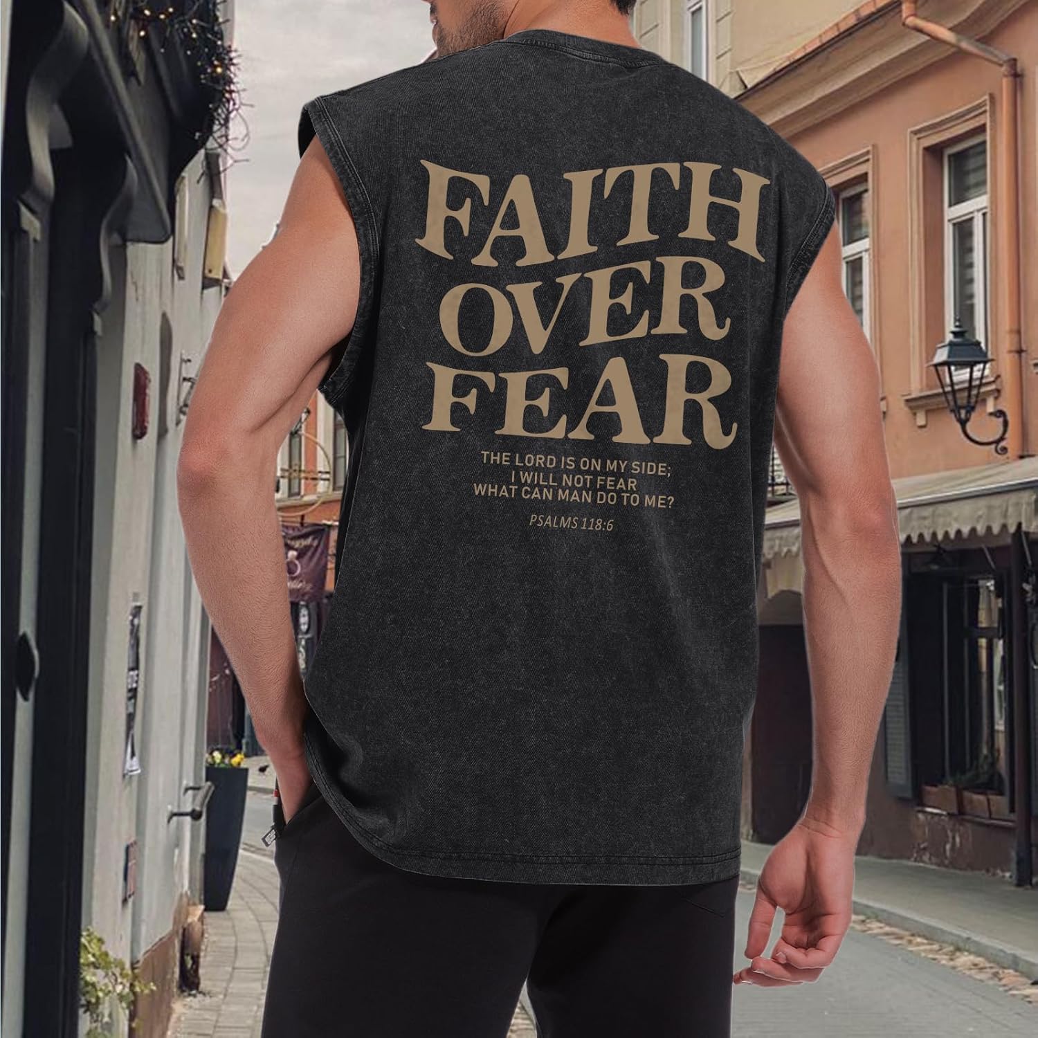 Mens Christian Sleeveless Shirts Faith Over Fear Graphic Tank Tops Gym Workout Acid Wash Tanks Cut Off Muscle Shirt - Image 5