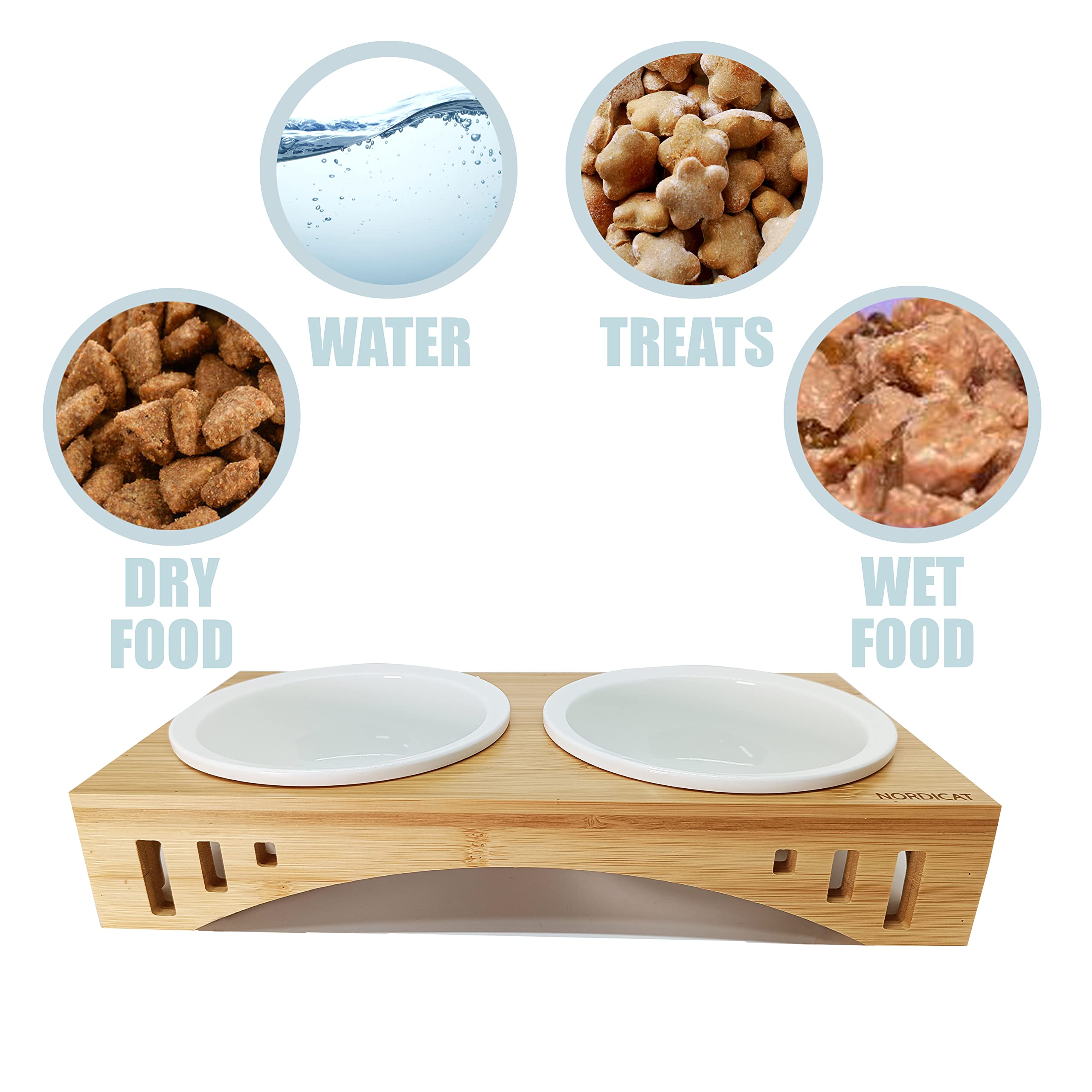 NORDICAT Comedero y Bebedero Gato con Soporte Elevado, Doble Cuenco Ceramica y Bambu Extraible Antideslizante, Accesorios en Madera Nordicat Ideal para Gatos o Perros Pequeños