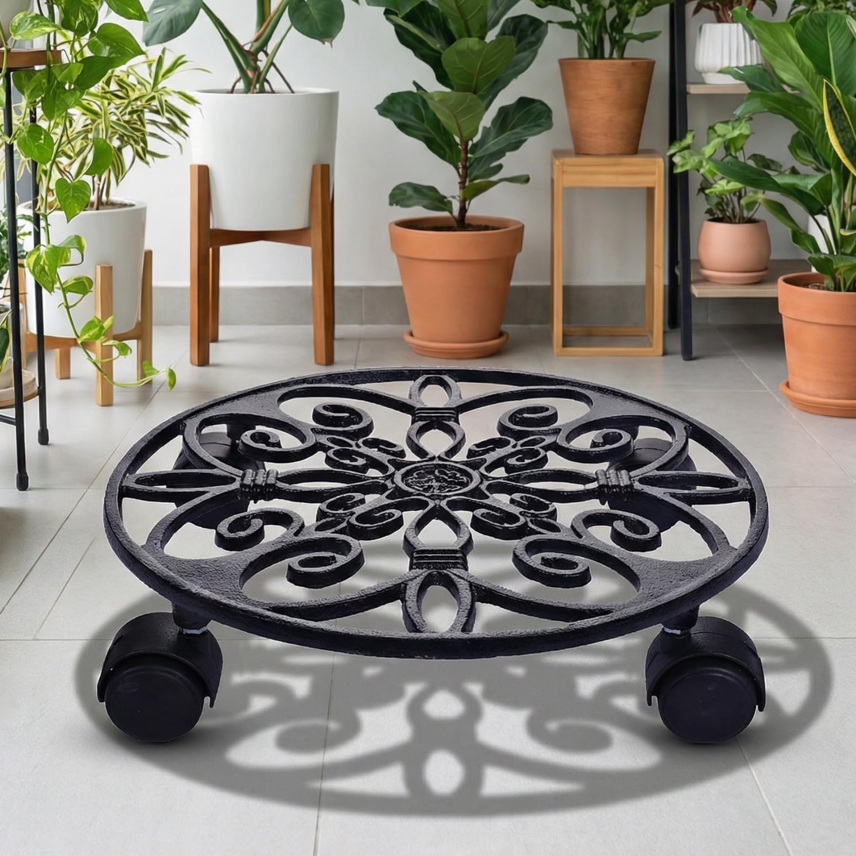 ecofynd SpinX Round Metal Plant Stand for Indoor & Outdoor Pots, Rolling Wheels Metal Potted Plant Holder for House, Garden & Patio (Pack of 1, Black, PS015)