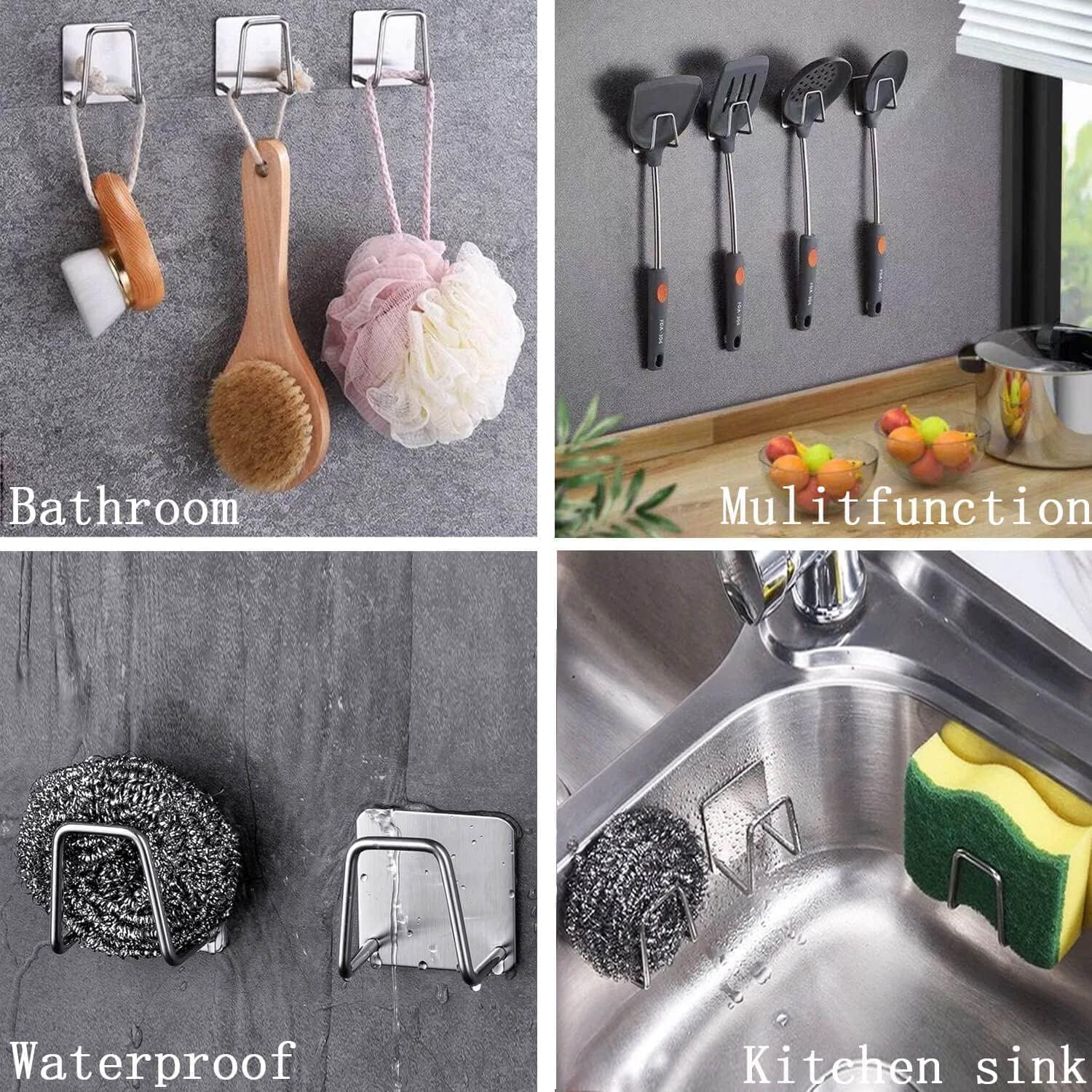 Aezta 2 Pcs Adhesive Sponge Holder for Kitchen Sink, Stainless Steel Scrubber and Brush Hanger Caddy Accessories Storage Rack Stand, Rustproof Sponge Rack for Scrubber & Brush, Kitchen Accessories 4