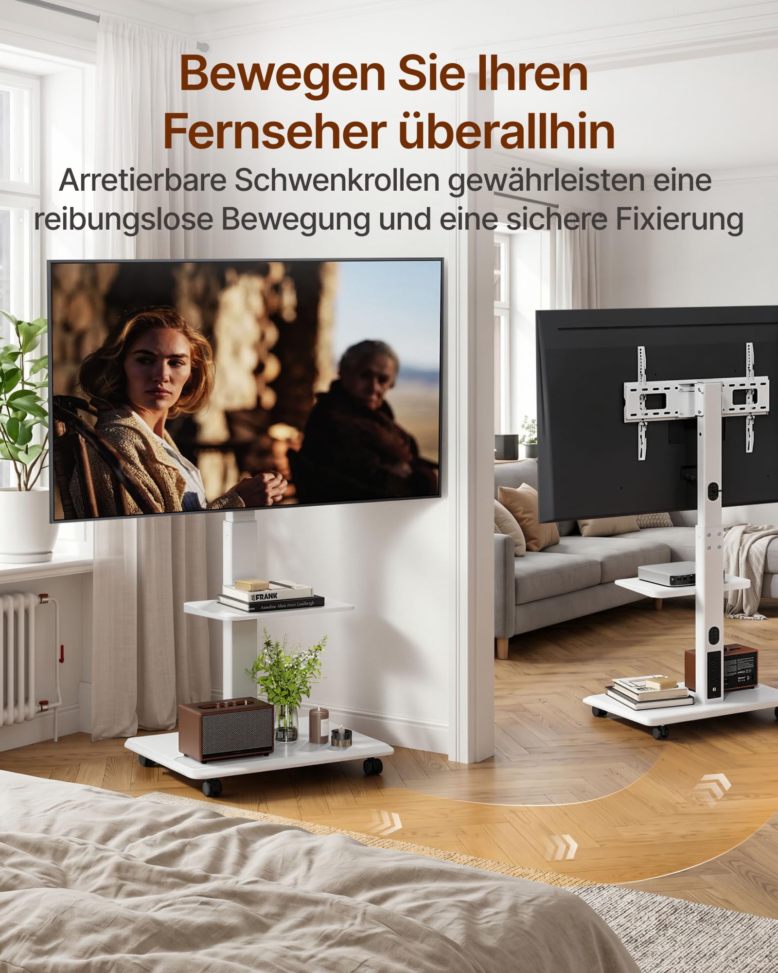 TV Ständer Rollbar für 37-75 Zoll bis zu 50kg, Max VESA 600x400mm | TV Standfüße mit Steckdose, Versteckter Kabelverwaltung, Höhenverstellbar, Schwenkbar, Neigbar, 2-Fache Tragkraft, Weiß