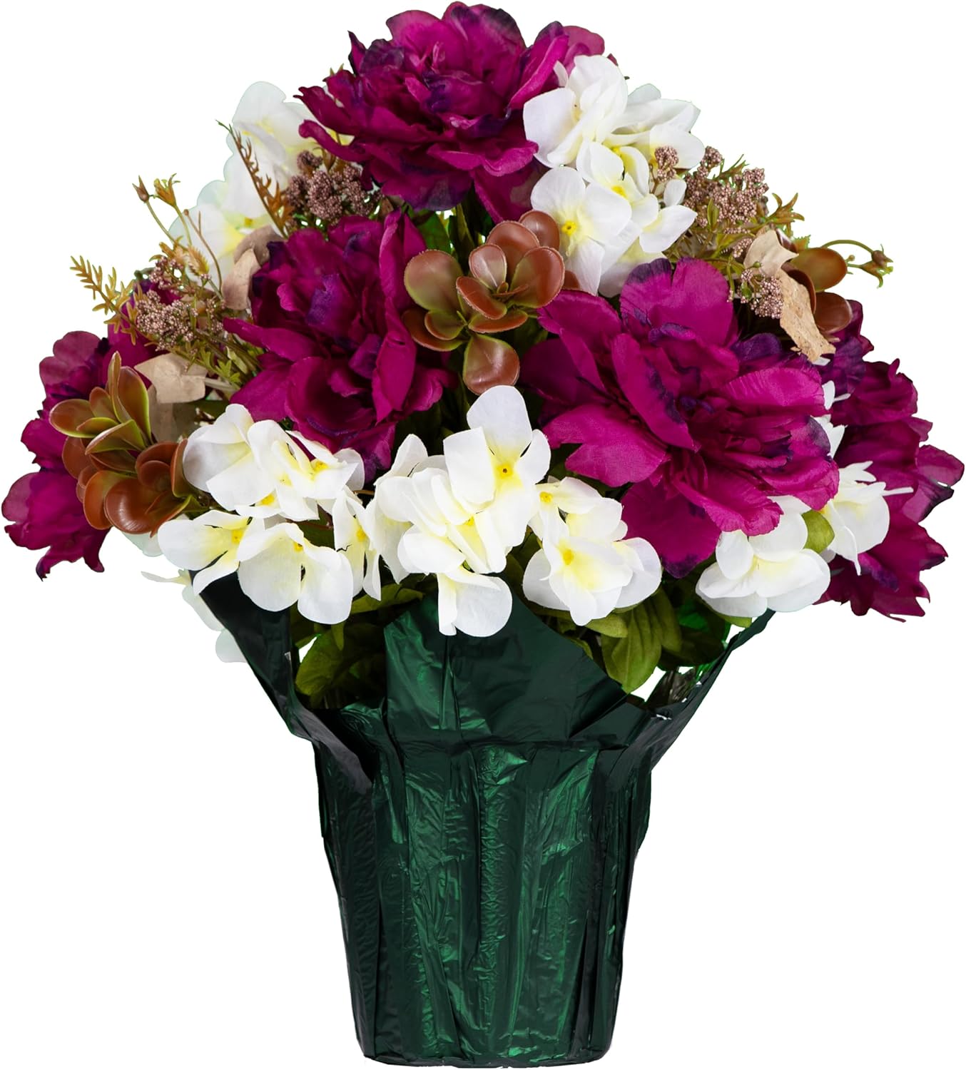 Sympathy Silks Fall Artificial Flowers - Grave Decoration - Home Décor - Pot Flowers - Plum Peony and White Hydrangea Flowers in Pot
