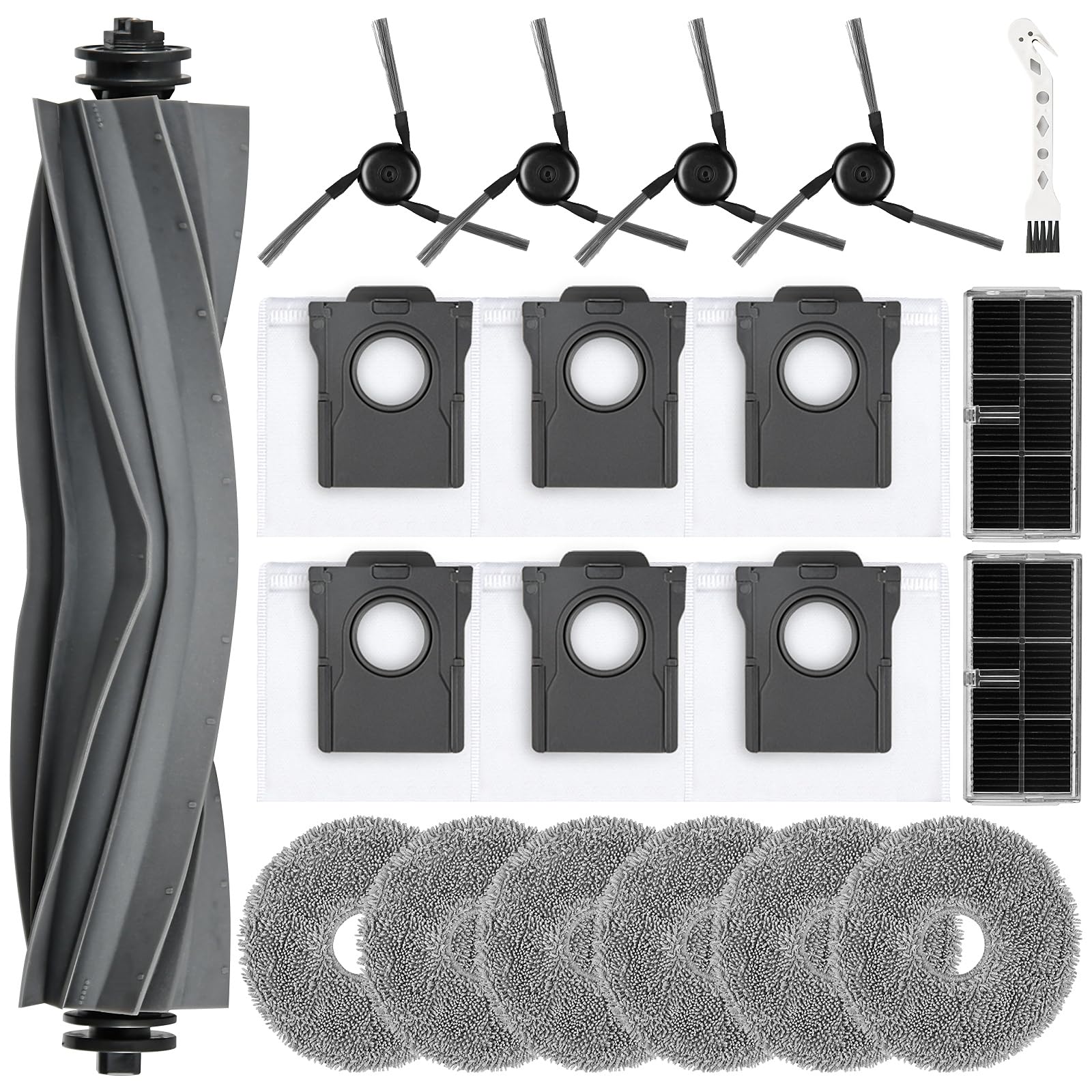 20 Stück Zubehör für Dreame L10s Ultra Gen 3 / L50 Ultra AE / X40 Ultra/L40 Ultra / X40 Master/Mova P50 Pro Ultra Saugroboter, 1 Hauptbürste, 6 Staubbeutel, 6 Wischtücher, 2 Filter, 4 Seitenbürsten