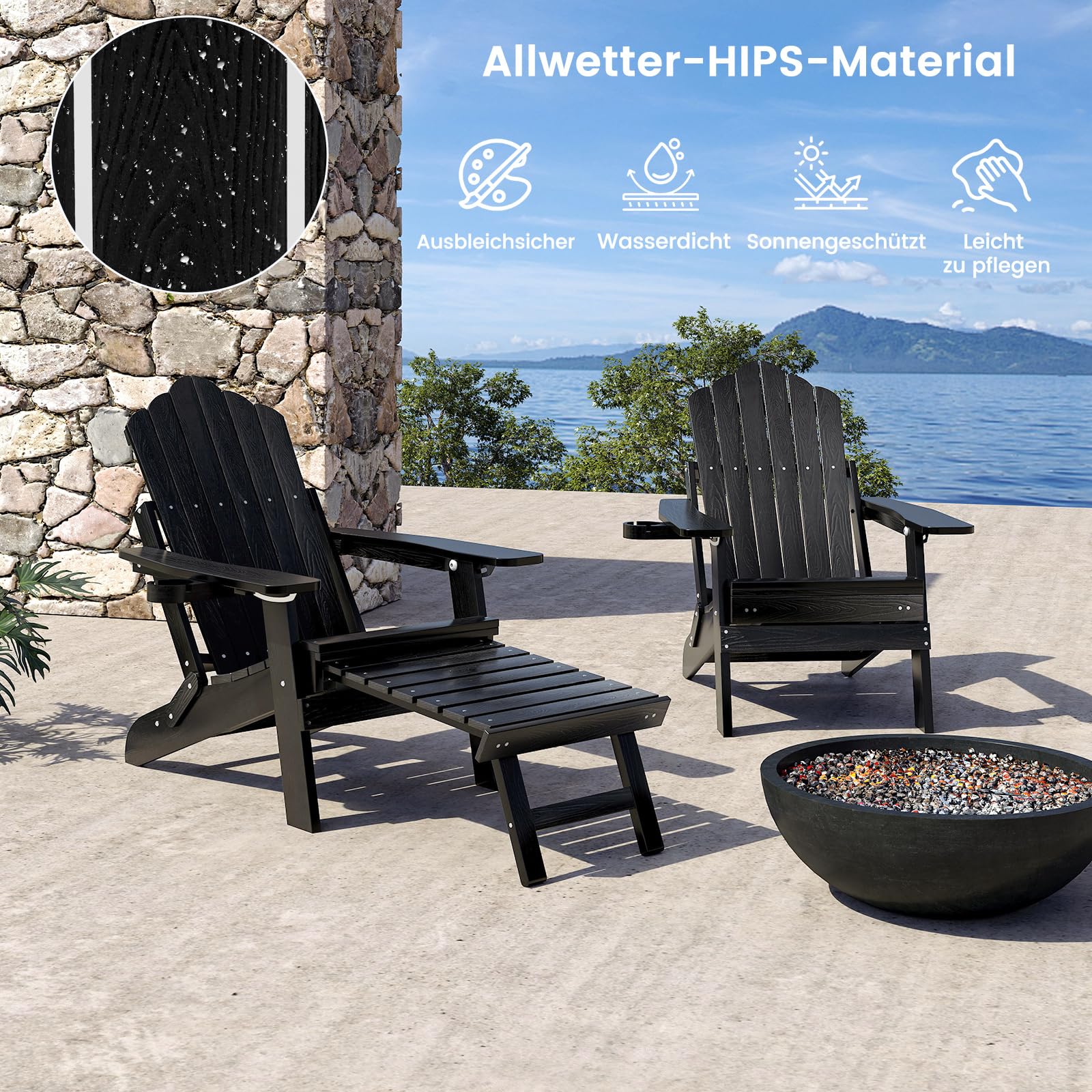 COSTWAY Klappbarer Adirondack Stuhl mit Fußstütze & Verstellbarer Rückenlehne, wetterfester Adirondack Chair aus Kunststoff, Gartensessel mit Getränkehalter für Garten, Terrasse, 180 kg Tragfähigkeit