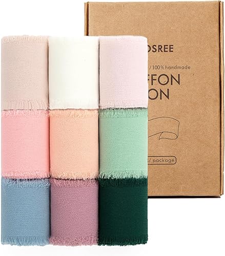 9 rollos de cinta de gasa multicolor hecha a mano, 1.5 pulgadas x 21 yardas, cintas de seda con flecos deshilachados (9 rollos de 2.3 yardas) para