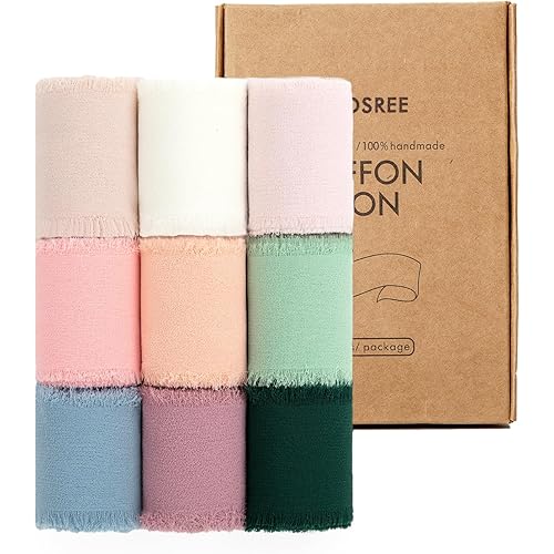 KEOSREE 9 Rolls Multicolour Handmade Chiffon Ribbon,1.5" x 21Yd Frayed Fringe Silk Ribbons (9 Rolls *2.3Yd) for Gifts Wrapping, Wedding Invitations, Bridal Bouquets, Decorations