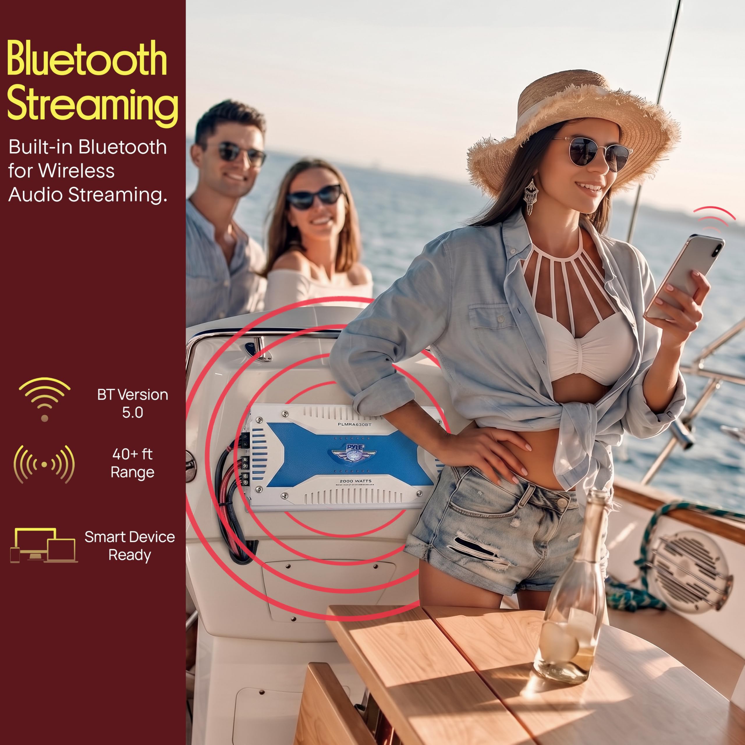 Pyle PLMRA630BT Elite Series wodoodporny wzmacniacz Bluetooth (2000 W 6-kanałowy wzmacniacz mostkowy)