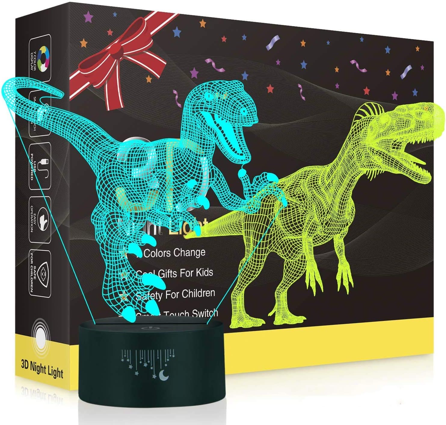Dinosaur 3D Night Light for Kids, Besrina 3D Lamp 2 Dinosaur Toys Decor Desk lamp for Kids Room, USB Touch Illusion Lamp Birthday Xmas Gifts