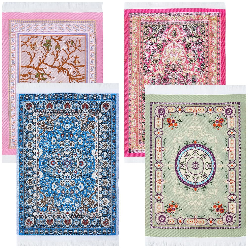 GORGECRAFT 4Pcs 4 Colors Dollhouse Area Rugs Absorbent Drink Rug Coasters 17x10cm Vintage Miniature Turkish Carpet Decoration for Doll House Accessories Floor Furniture Living Room Ornaments