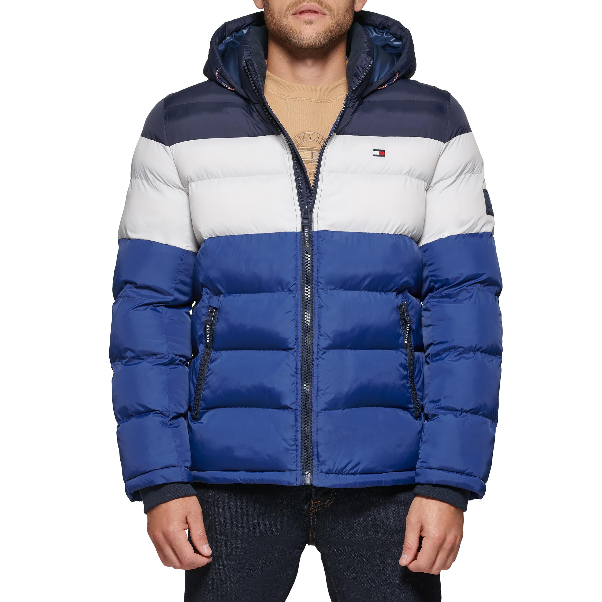 Tommy Hilfiger Men's Midnight/Ice/Royal Blue Hooded Puffer Jacket, Xl