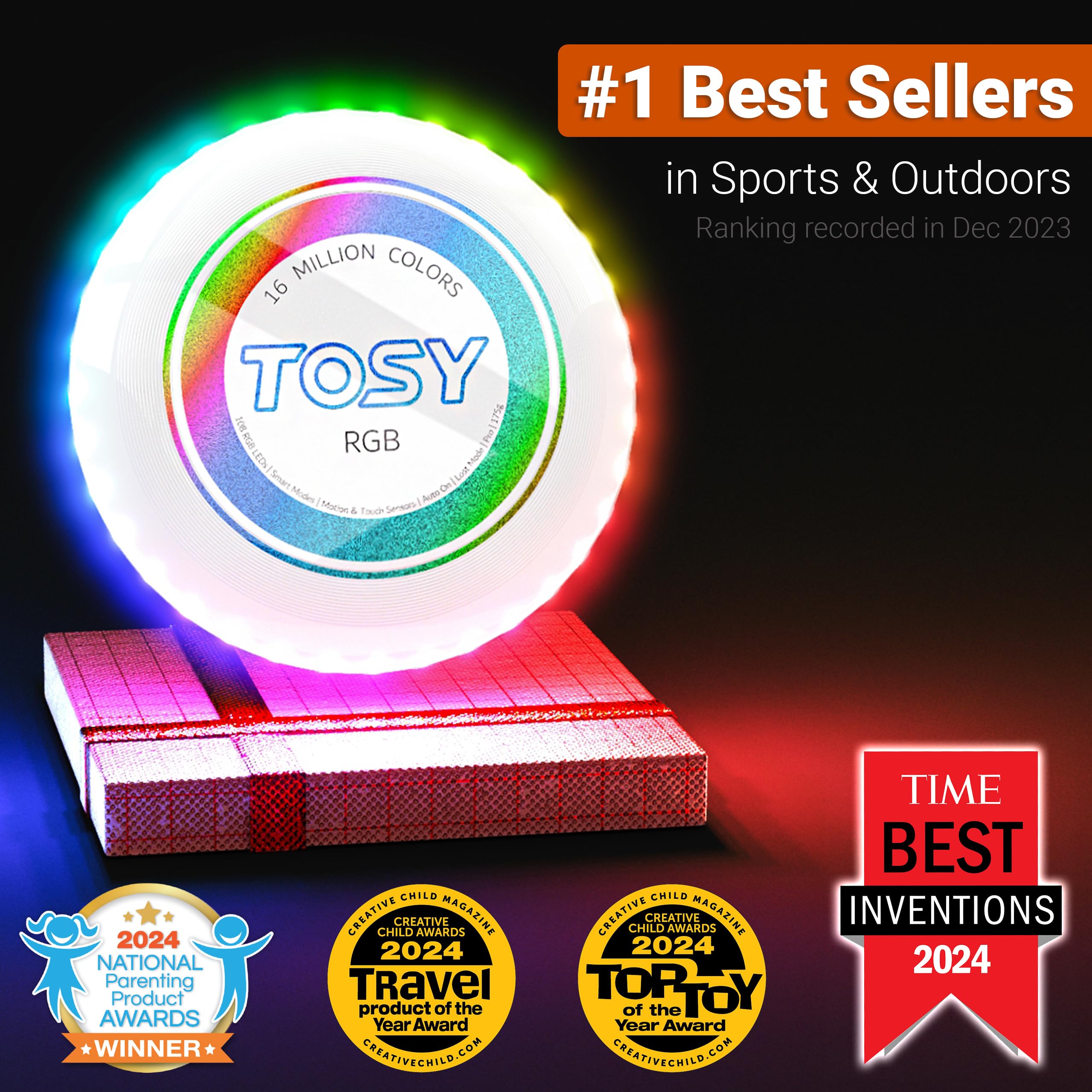 TOSY Disque Volant 16 Millions de Couleurs RVB ou 36 LED, Lumineux, Modes Intelligents, Auto on/Off, Rechargeable, Anniversaire, Cadeau de Noël pour Hommes/Garçons/Adolescents/Enfants, Frisbee 175g